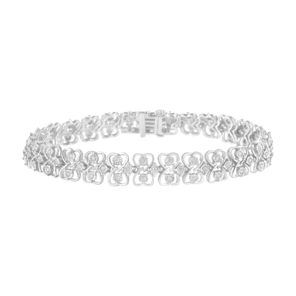 Tennis Silver 2-Row cttw (I-J, Heart Round-cut Bracelet Sterling .925 1.0 - Diamond I2-I3) Link 7"
