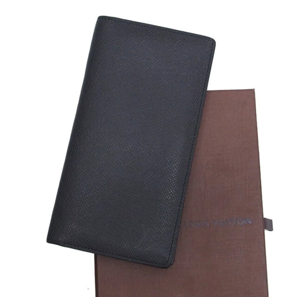 Vuitton Bifold Black Louis Wallet Billfold Pre-Owned (Good) Taiga Long