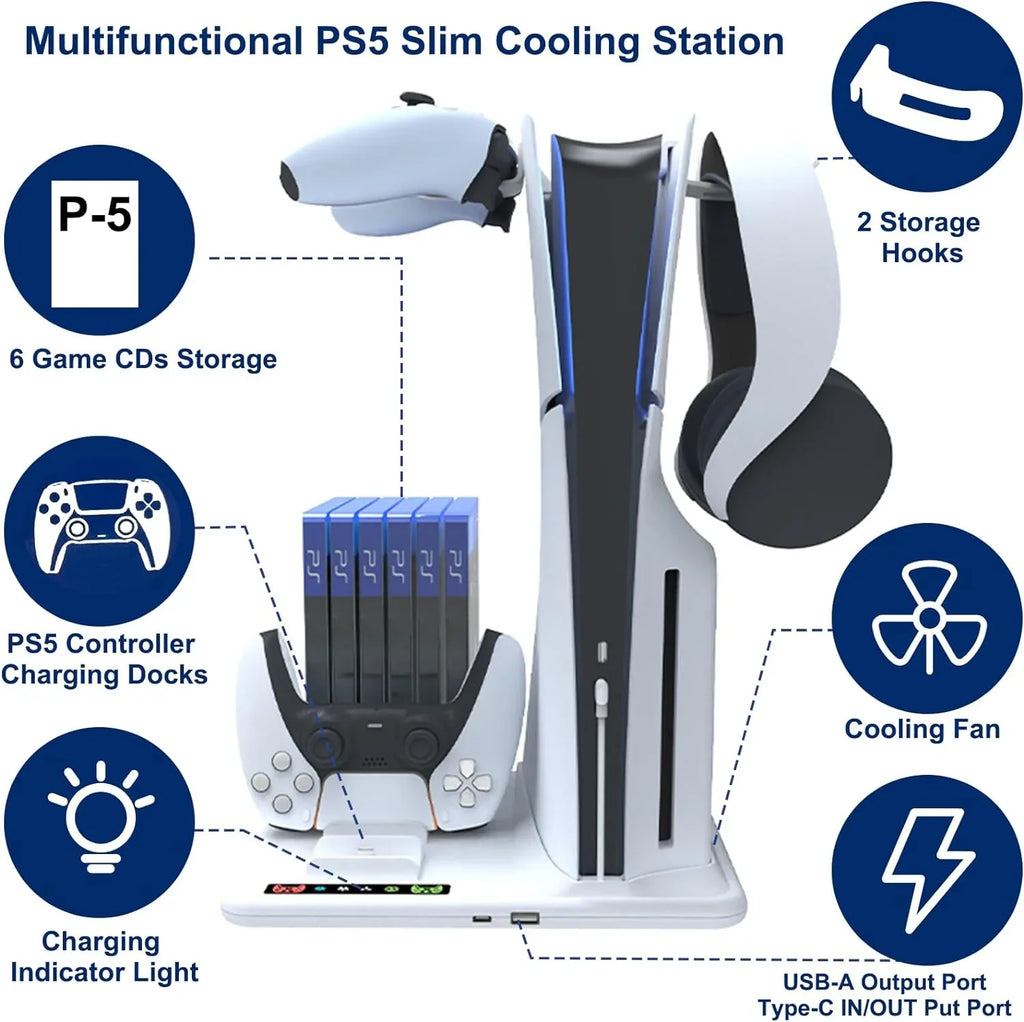 Controllers with Slot+2 Cooling Dual Dock Headphone Cooling 6 With 3-Level Stand Station, Powerful Hanger Stand for Disc PS5 Fan Slim Charging