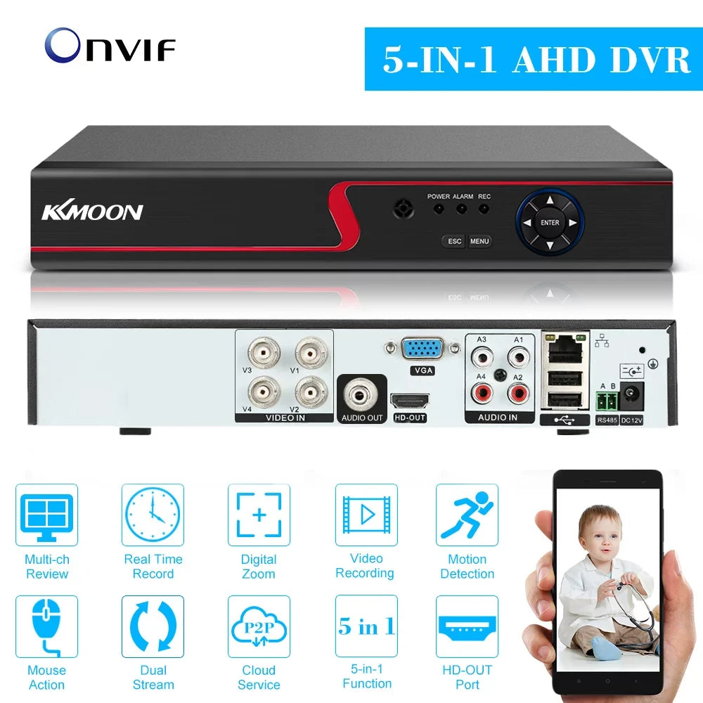 DVR HDD) kit Definition Video DVR office P2P 1080P Monitoring Camera (NO Digital Recorder High Full System KKmoon for Home AHD/Analog/TVI/CVI/ Phone CCTV 4CH Remote Plug