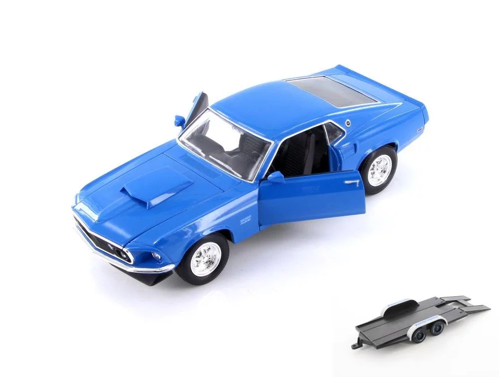 1969 Blue Model Mustang Diecast Toy Car scale - Ford 24067WBU Welly 429, Car - - Boss Diecast 1/24 w/Trailer