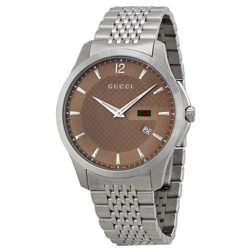 Brown Mens Dial Steel Watch Gucci YA126310 Stainless G-Timeless