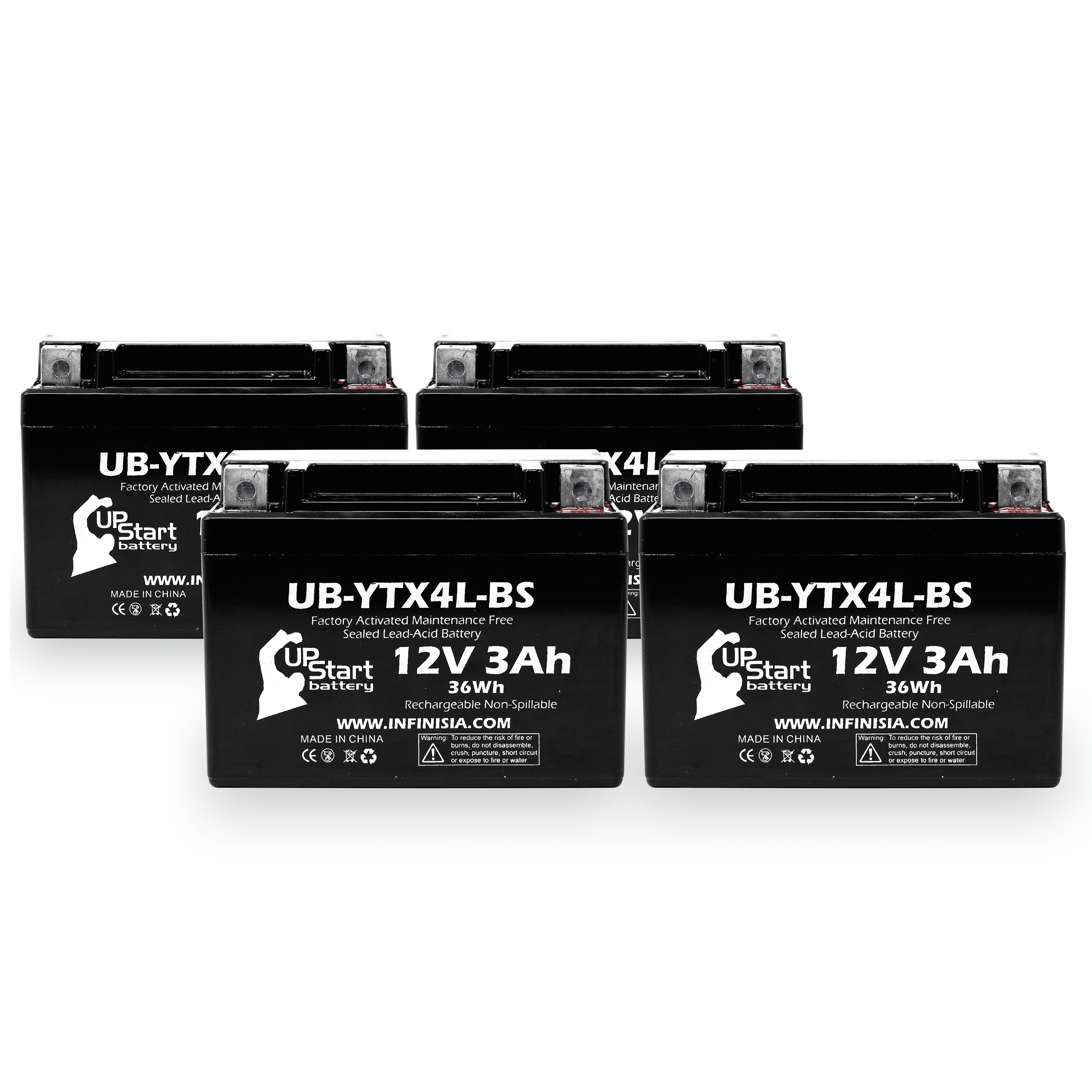 Bombardier Battery UB-YTX4L-BS 4-Pack - Maintenance Replacement Factory UpStart Free, for DS90, ATV DS90F, Quest 12V, (Can-Am) 2004 Activated, 90CC Battery 3Ah,