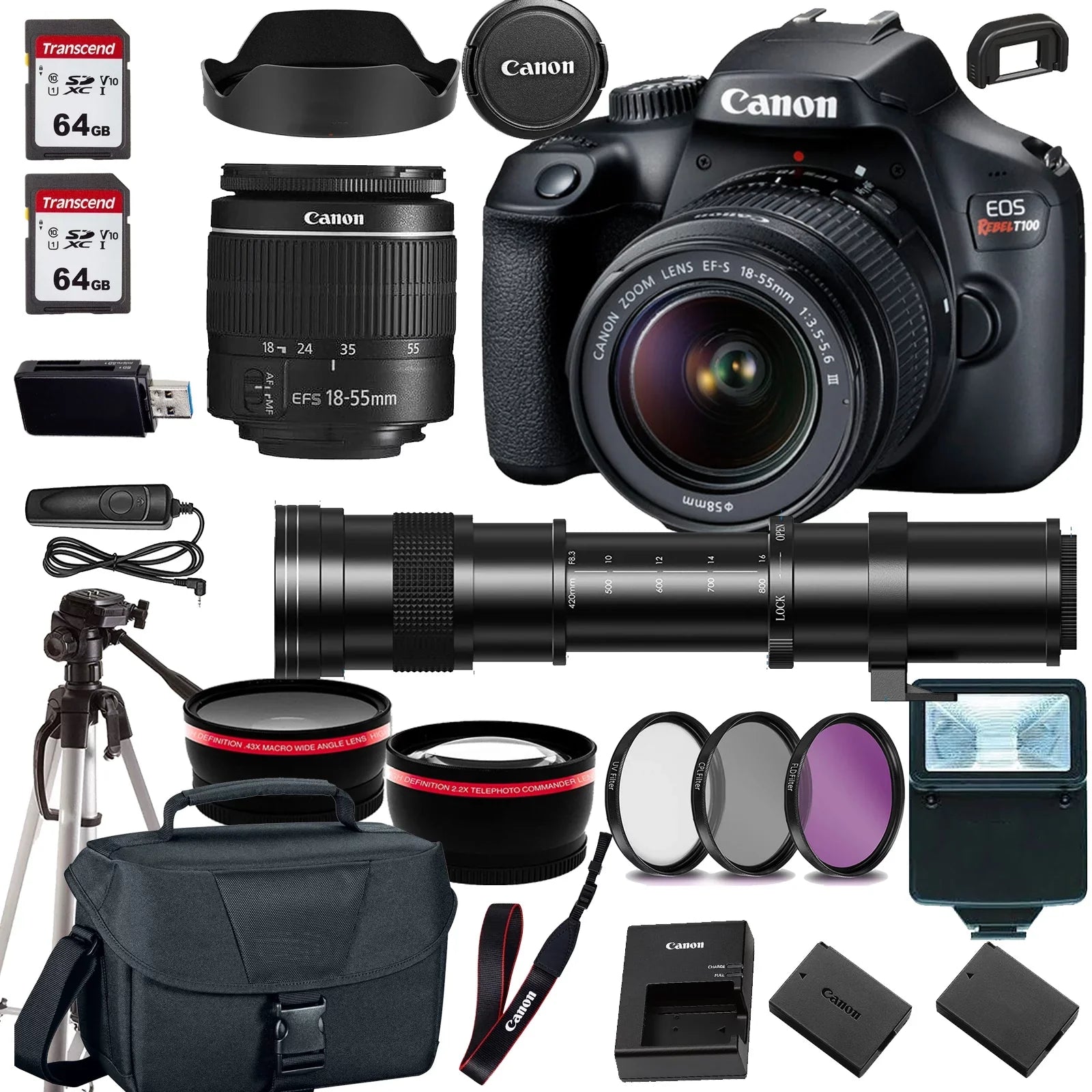 F/3.5-5.6 Telephoto EOS Zoom DSLR Cards Zoom w/Canon EF-S lens+case+128Memory (24PC) Camera Lens+420-800mm 18-55mm T100/4000D Canon HD Rebel