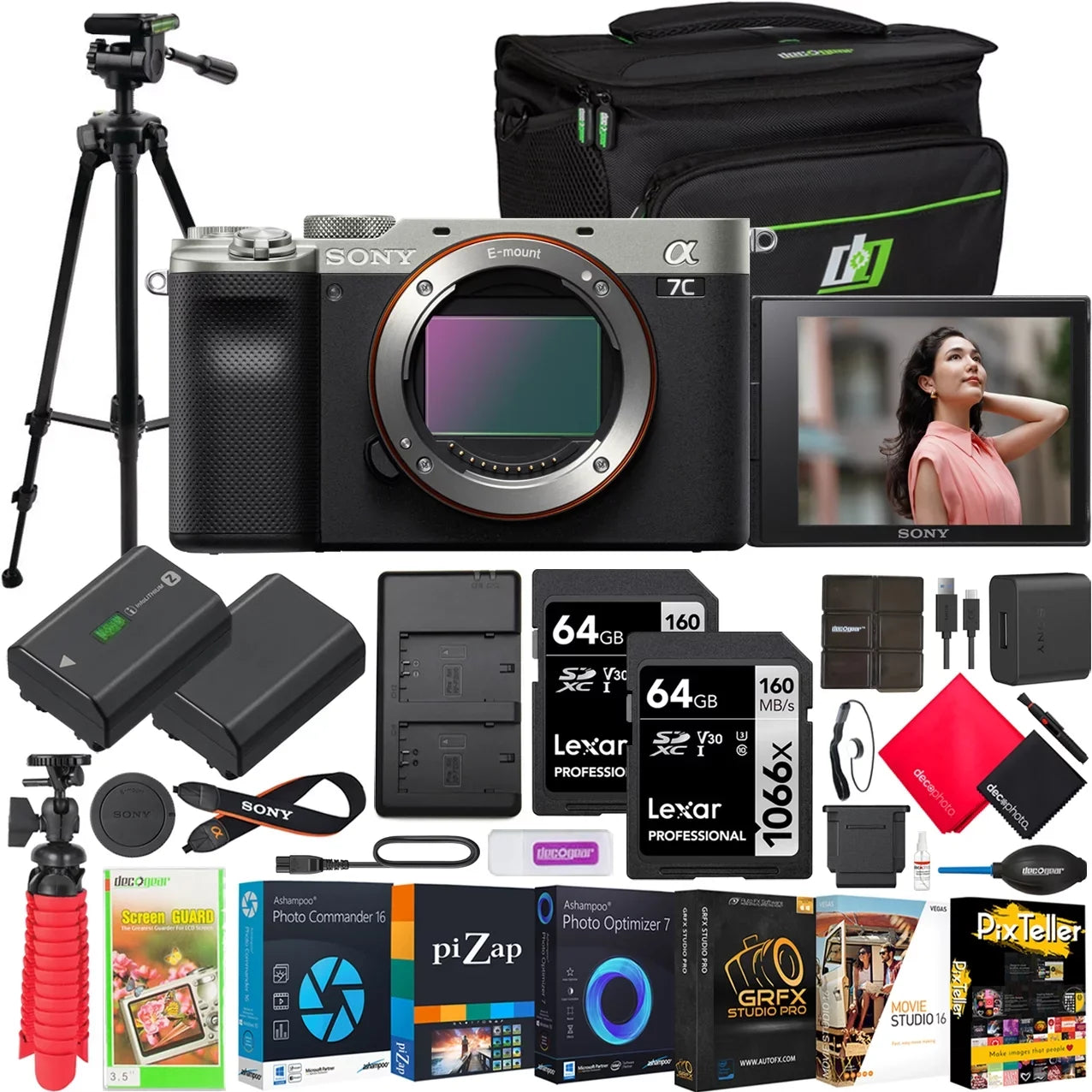Deco and + Body Sony Charger, Bundle Software Silver with Kit a7C Gear Size Full Camera Accessories Photography Extra ILCE7C/S Tripod Mirrorless Battery, Full Dual Frame Pro Case +
