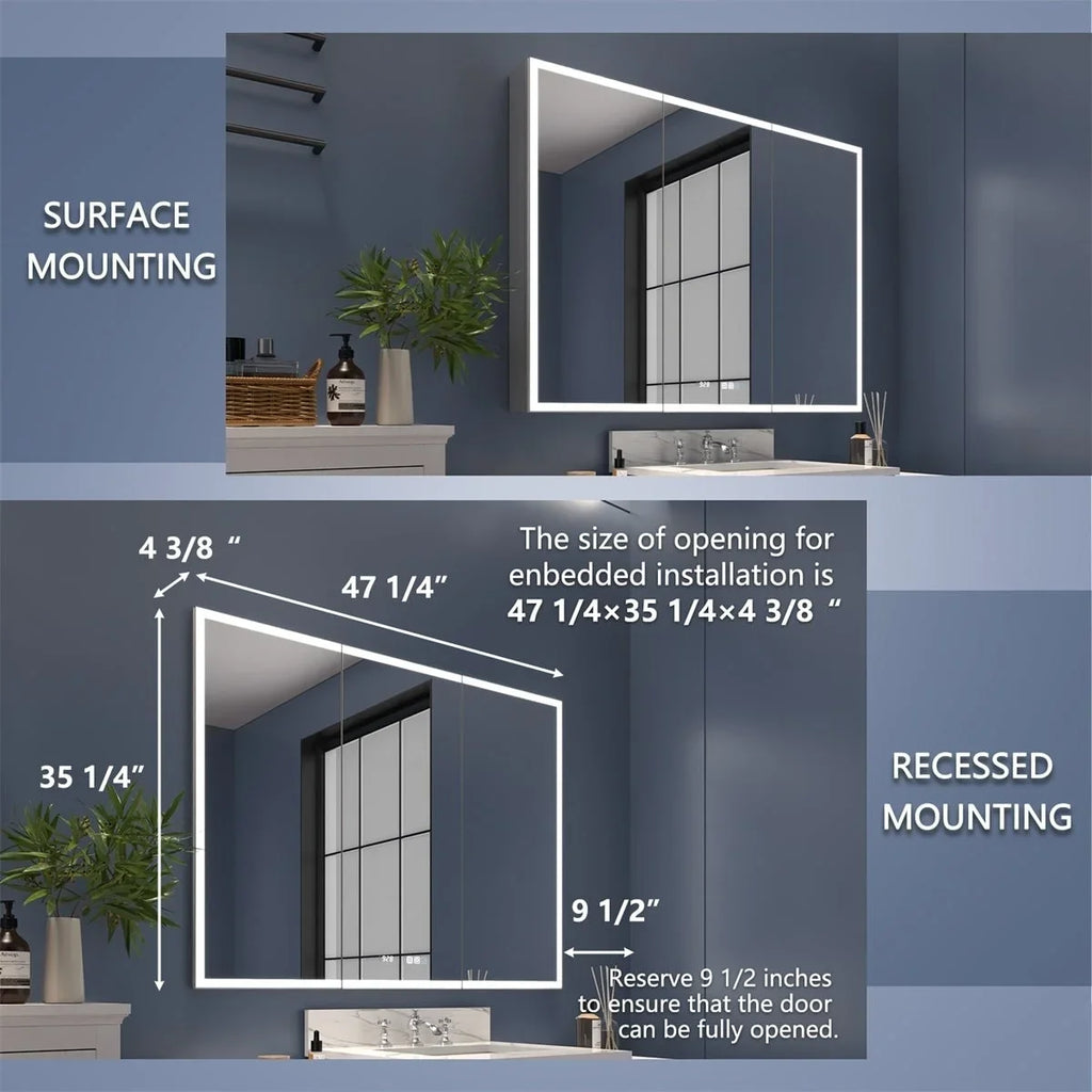 H W 36" mirrors Clock and Recessed Led Lighted Medicine with x or 48" Rim Surface Cabinet