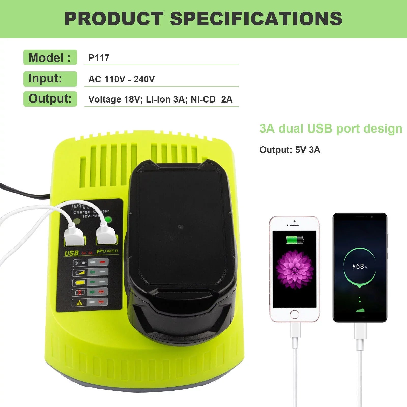 P117 P106 US 18Volt Charger For High 18V Lithium-Ion Capacity Battery P108 RYOBI
