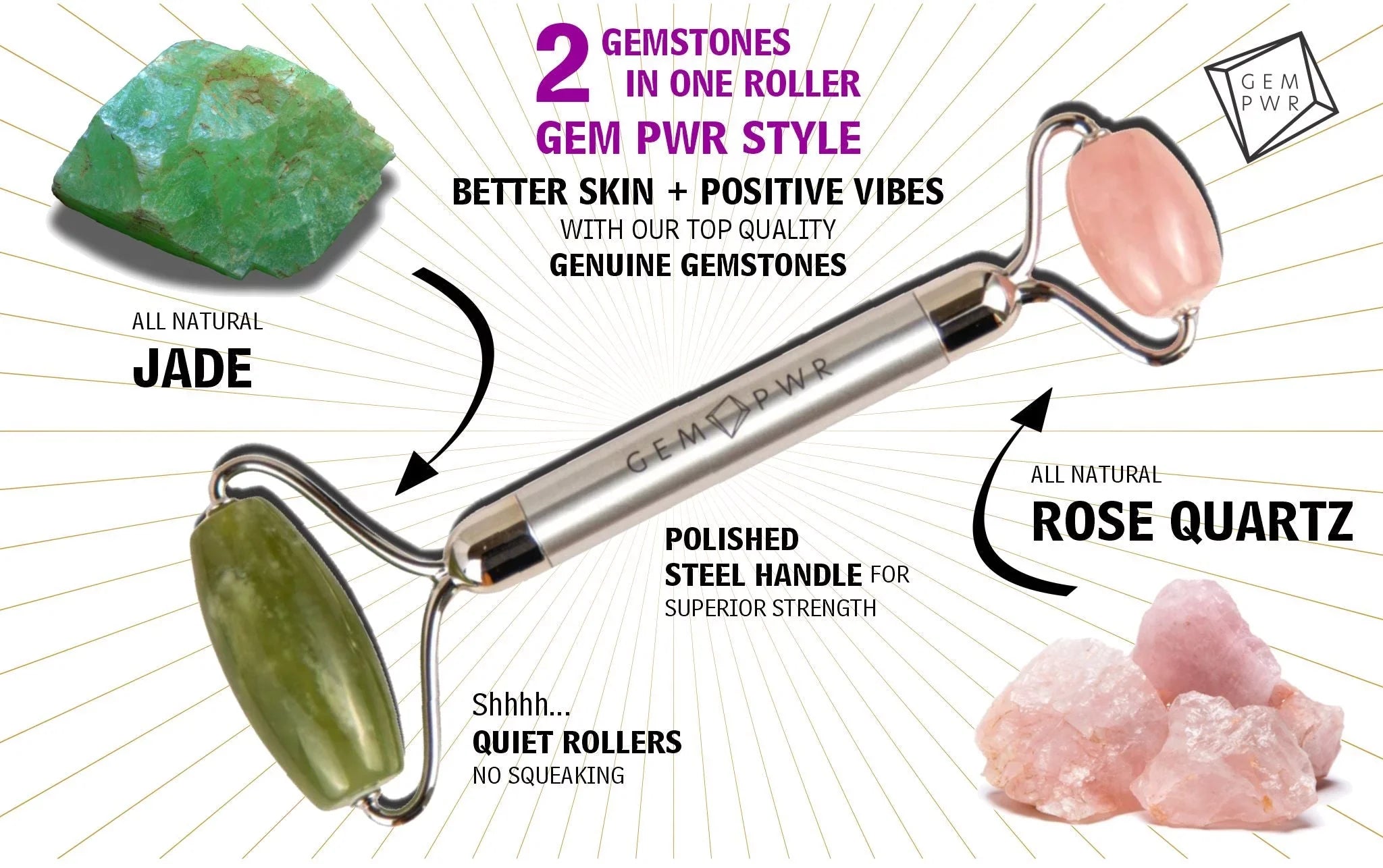 Travel GEM Bag Roller, Jade Dual with PWR 2-in-1 Face Quartz Handle Rose + Steel and Durable Head