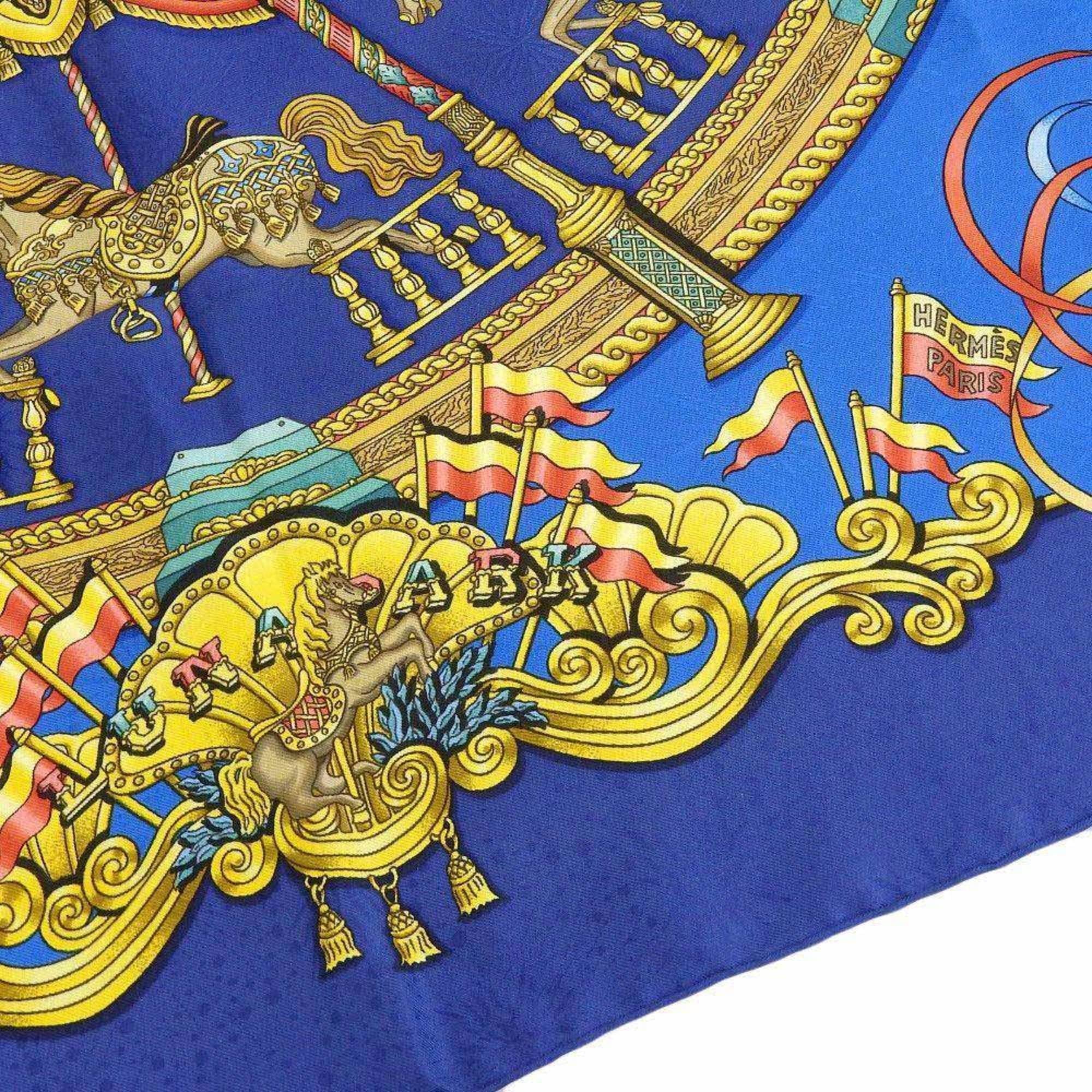LUNA (Good) KARE90 Silk PARK Scarf Amusement Pre-Owned Park Muffler Carousel HERMES Blue Horse