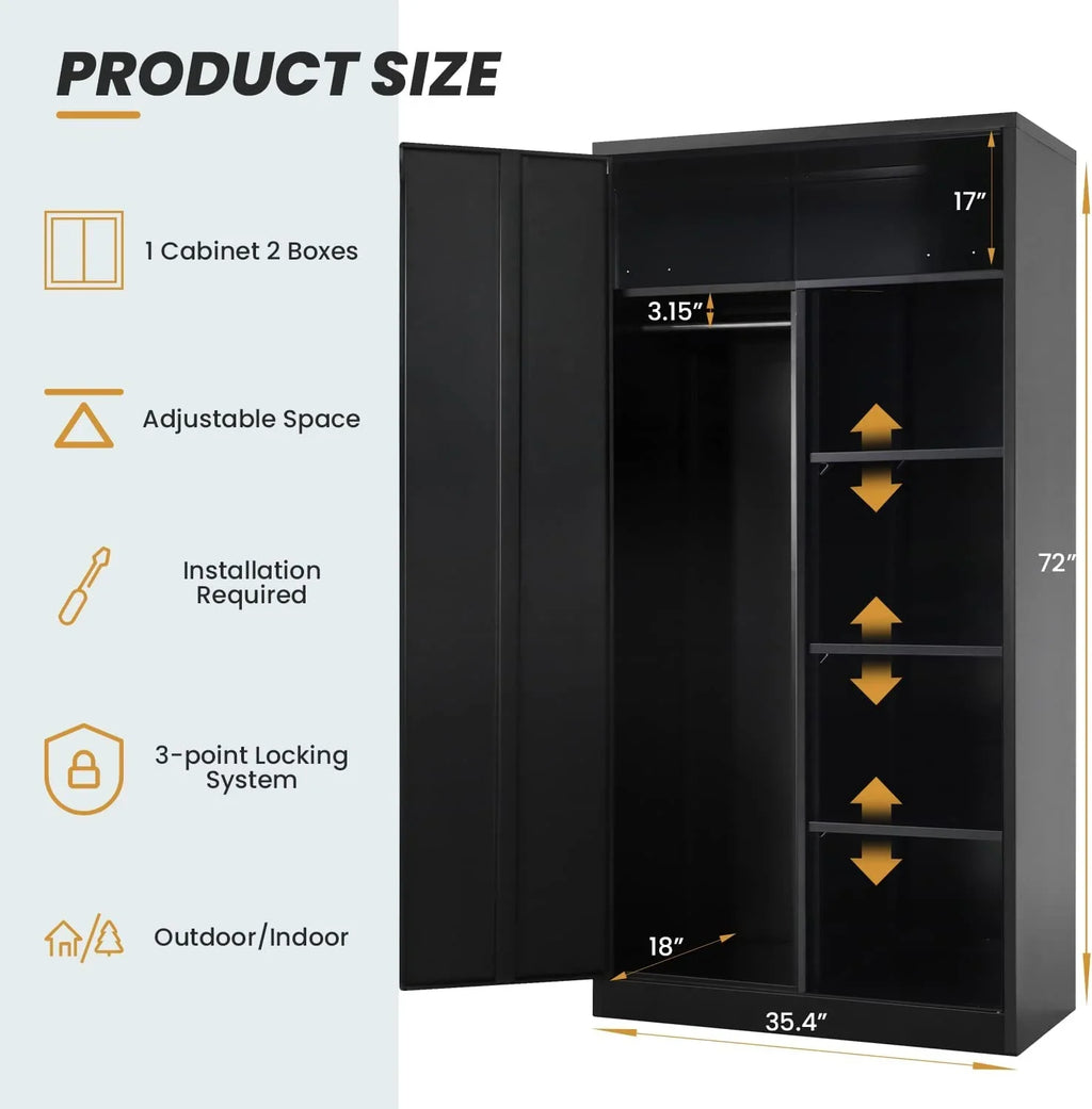 with Locking (Black) Freestanding Garage Lock Wardrobe HOOMHIBIU Coat Door 72'' Office with Shelves Metal Cabinets Employee Clothing and Cabinet for Steel Locker Home