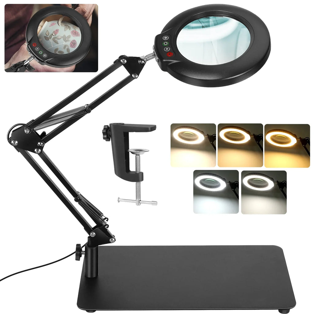 Stepless Color Lighted Light 2-in-1 LED Sewing Painting, and 10X Lamp Stand, 5 Clamp, Work, with Magnifying Hands Magnifying Close Desk with Modes Dimmable, for Free Magnifier Glass Craft,