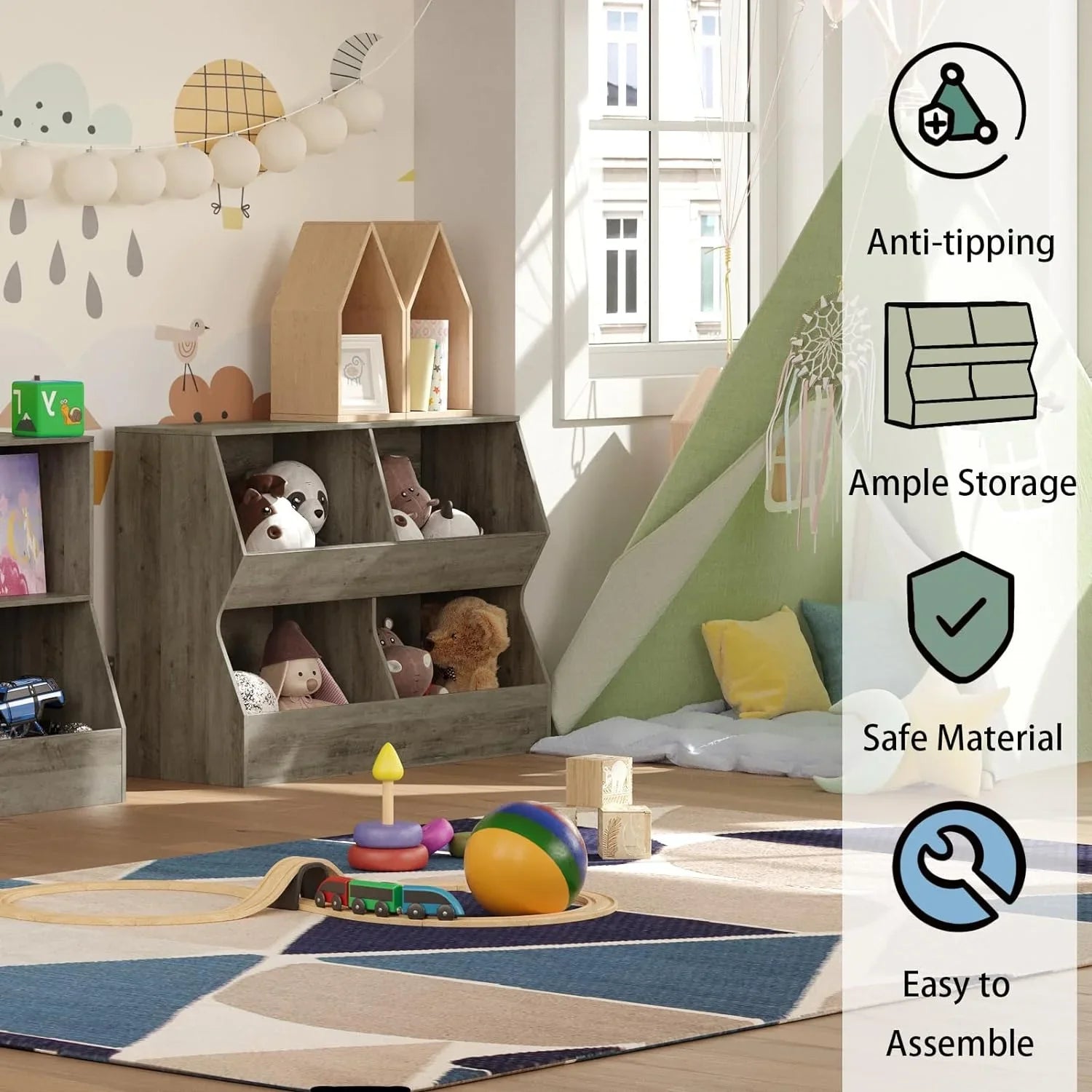 Book Hallway, Bedroom, 4 39.4" Cabinet, Wooden Wash Children , Cubby Kids Long, Toddler Bookcase, Nursery, Toy JIAH Gray Toy Storage Organizer, Shelf Toy Storage School, for