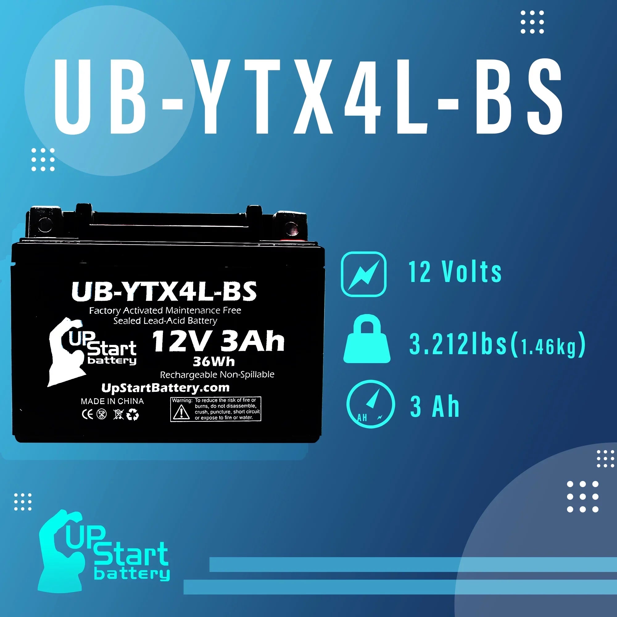 Bombardier Battery UB-YTX4L-BS 4-Pack - Maintenance Replacement Factory UpStart Free, for DS90, ATV DS90F, Quest 12V, (Can-Am) 2004 Activated, 90CC Battery 3Ah,