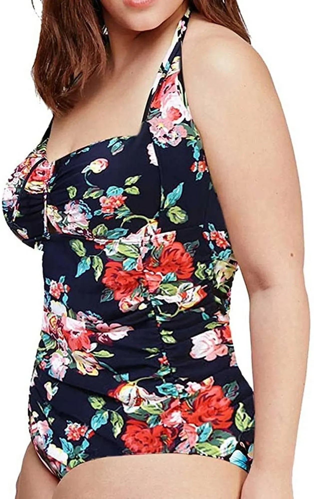Piece Swimwear Halter Size Women's Tummy QZUnique Ruched Monokini Swimsuit Plus Vintage One Control Suit Bathing
