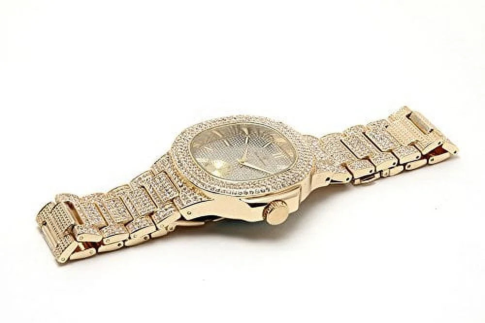 Out w/Matching - Out 8475B Mens Case Bling-ed Oblong Watch Metal Set Bracelet (Gold/Gold) Bling-ed