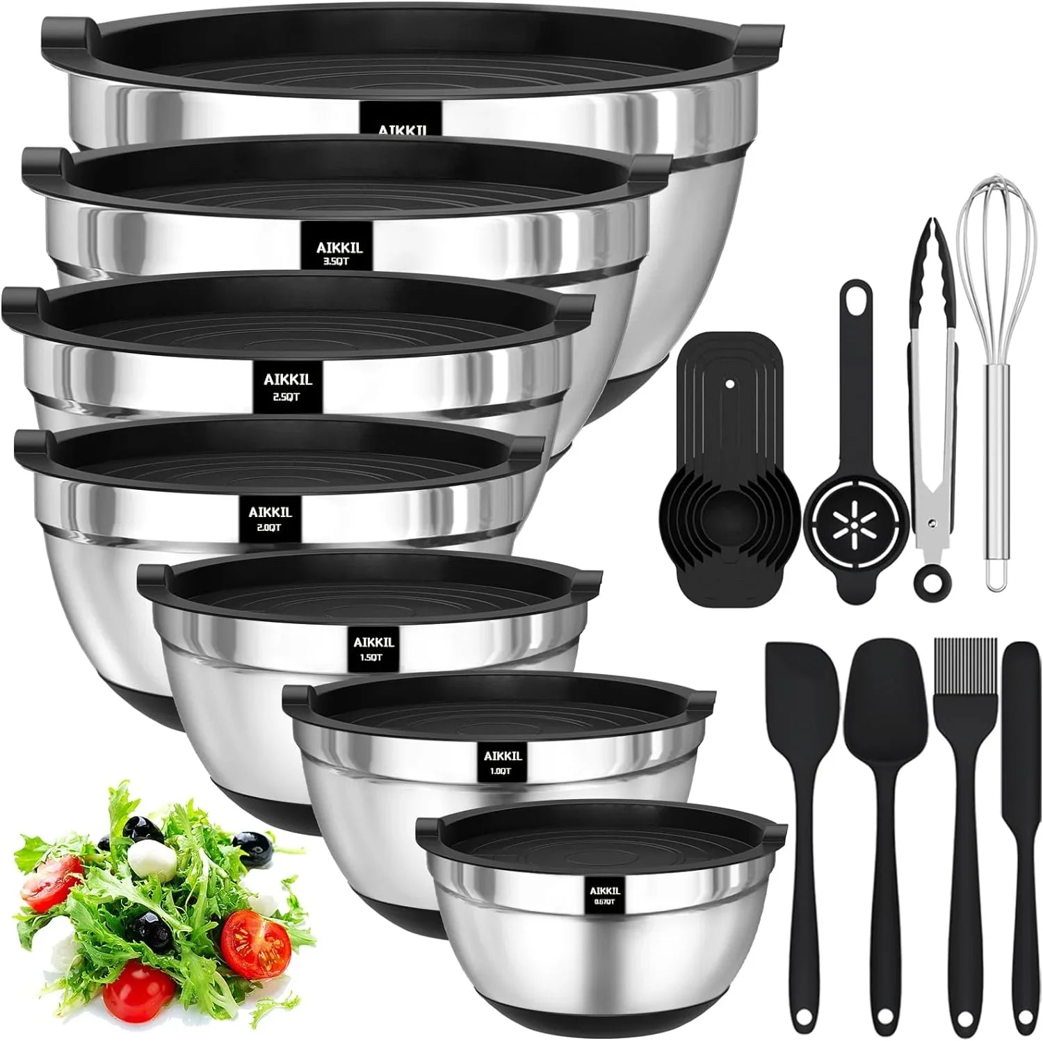 1,0.67QT Airtight Non-Slip AIKKIL 20 Metal Baking, Steel Stainless Silicone with Mixing, (Black) Bowls Lids, for 7, Mixing Bowls, Serving 3.5, Bottom, 2.0,1.5, piece Great 2.5, Size Nesting