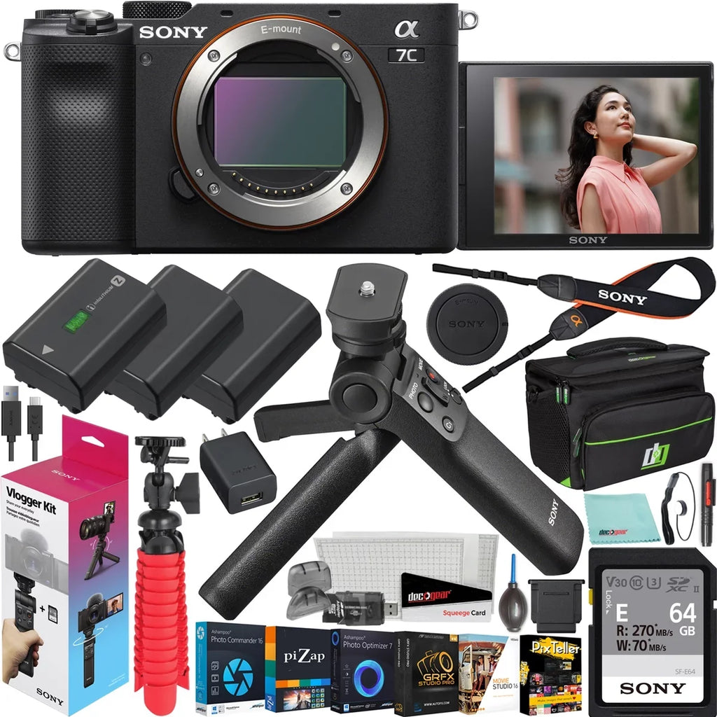 Only Gear Black + GP-VPT2BT with Battery Kit Shooting 2 Vlogger Accessories Body ACCVC1 Remote Camera & Mirrorless Deco ILCE7C/B Grip + Interchangeable Lens Bundle Wireless Sony w. Frame Full a7C Bag