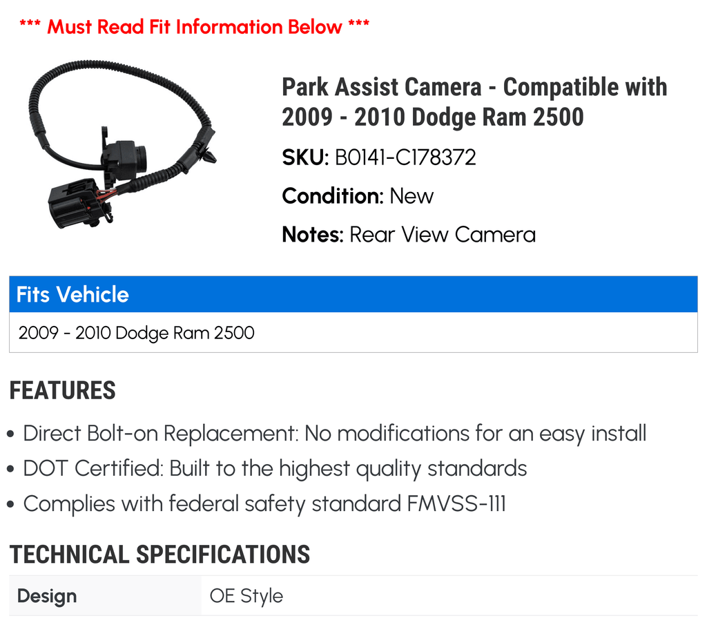 Ram 2009 - 2010 Compatible - Assist Camera Dodge Park 2500 with
