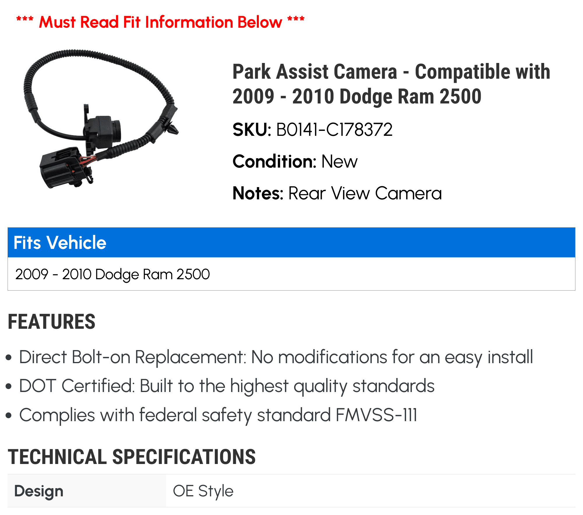 Ram 2009 - 2010 Compatible - Assist Camera Dodge Park 2500 with