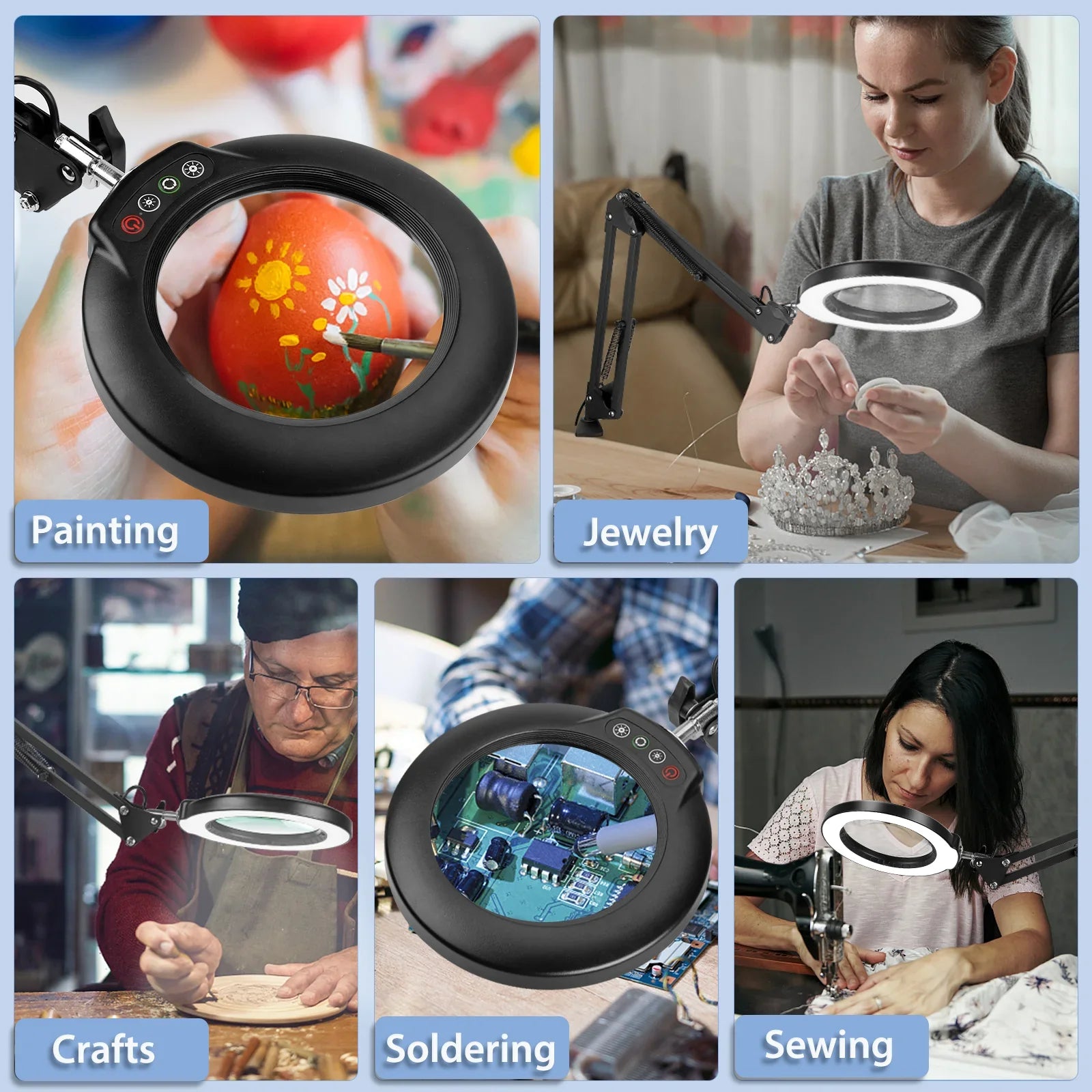 Stepless Color Lighted Light 2-in-1 LED Sewing Painting, and 10X Lamp Stand, 5 Clamp, Work, with Magnifying Hands Magnifying Close Desk with Modes Dimmable, for Free Magnifier Glass Craft,