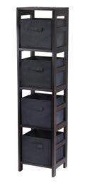& Espresso Narrow Capri Finish Foldable Set, Wood Black Shelf 5-Pc 4 Fabric Winsome Baskets,