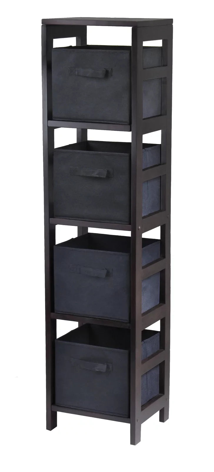 & Espresso Narrow Capri Finish Foldable Set, Wood Black Shelf 5-Pc 4 Fabric Winsome Baskets,
