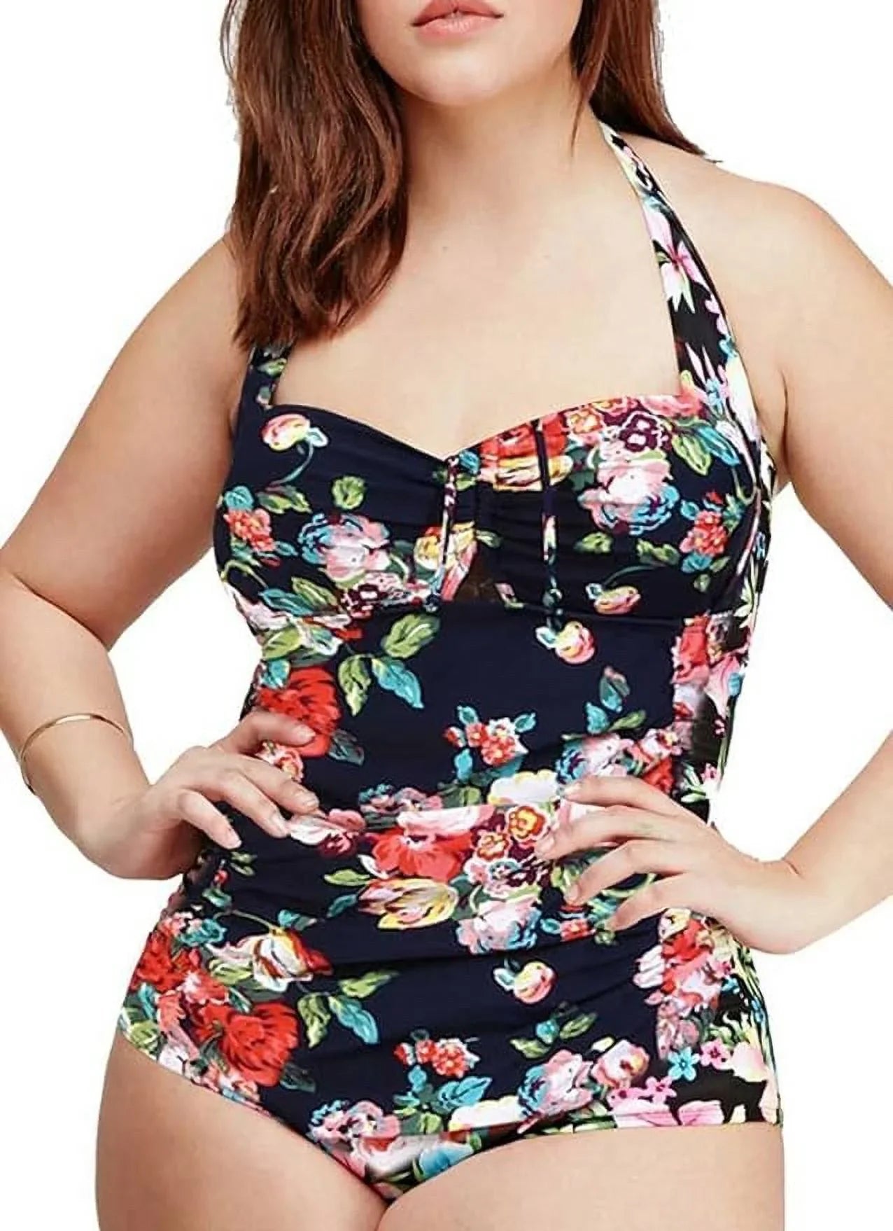 Piece Swimwear Halter Size Women's Tummy QZUnique Ruched Monokini Swimsuit Plus Vintage One Control Suit Bathing