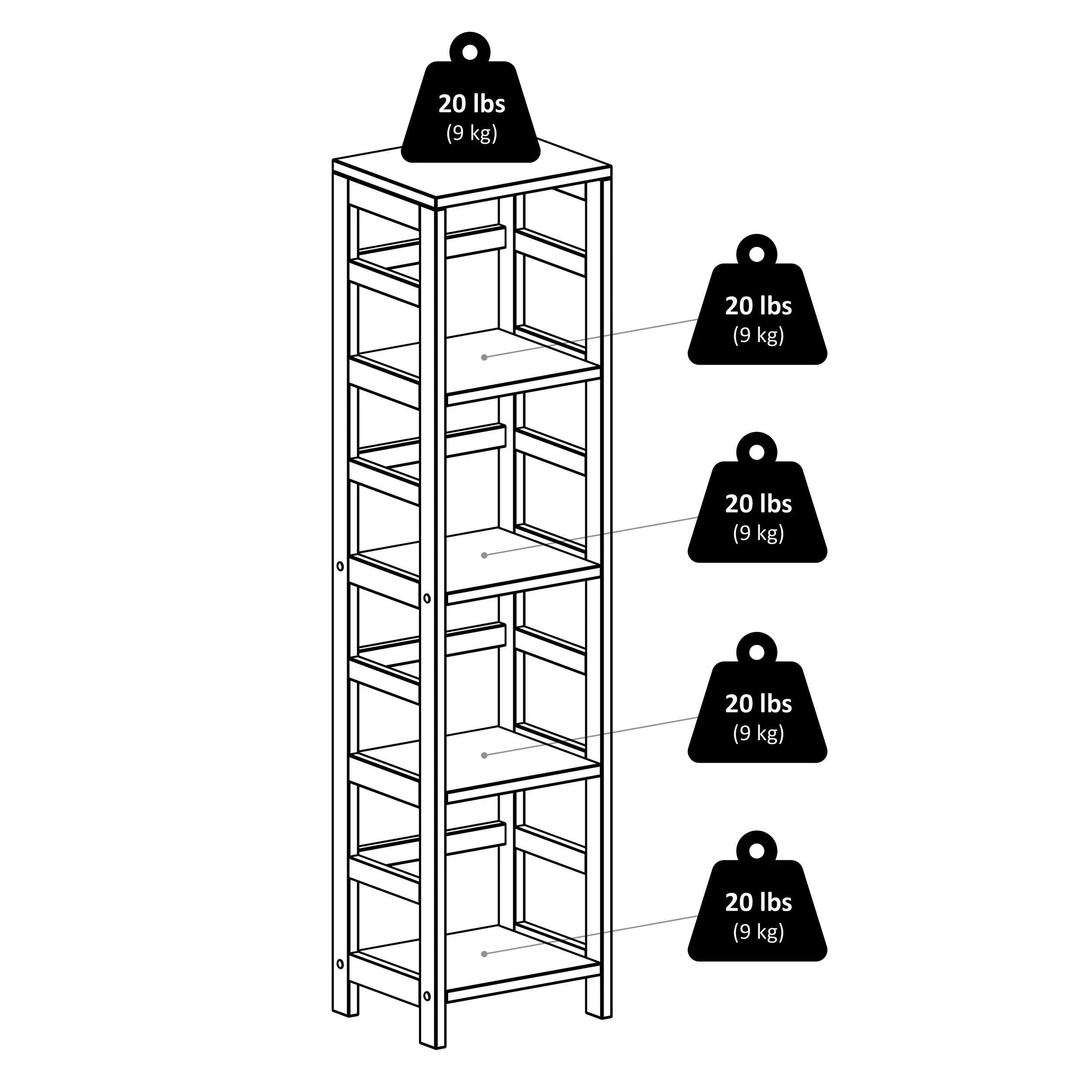 & Espresso Narrow Capri Finish Foldable Set, Wood Black Shelf 5-Pc 4 Fabric Winsome Baskets,