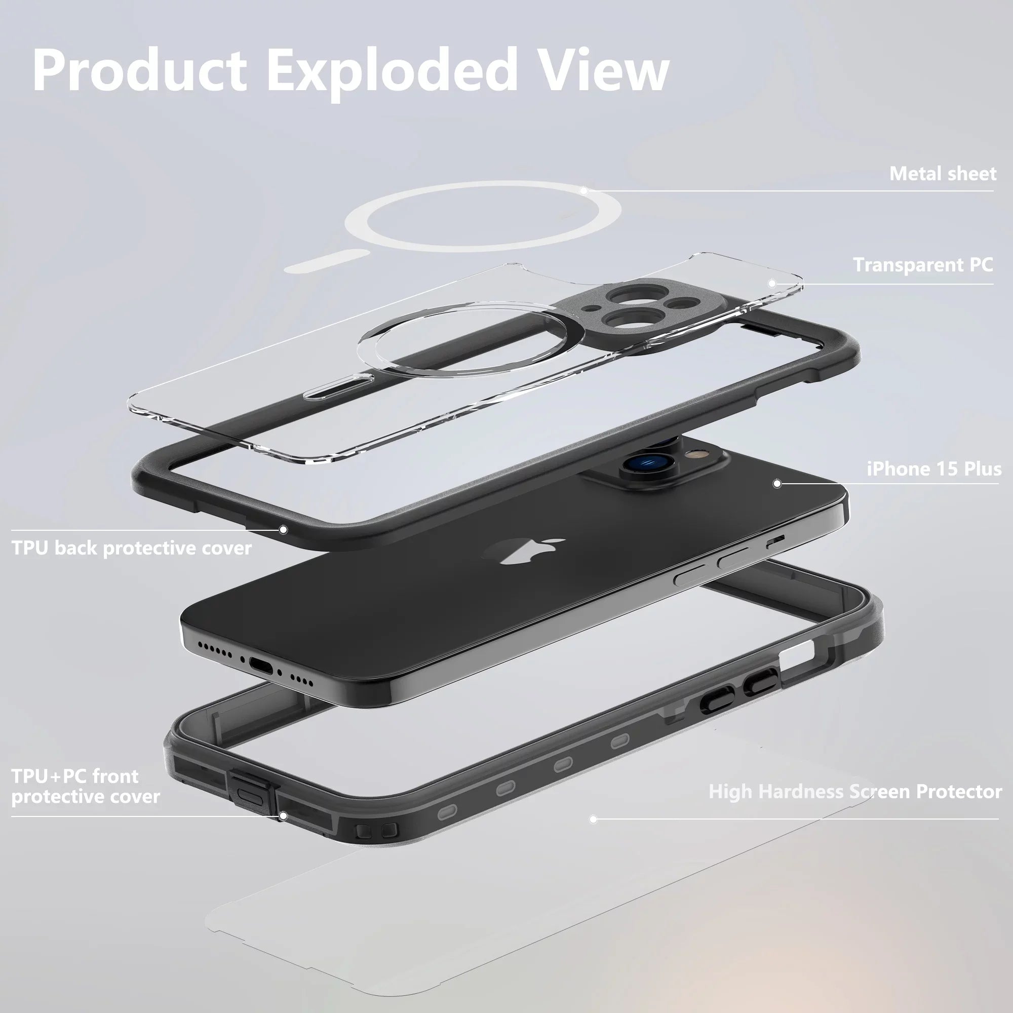 15 Proof - Shockproof Magnetic Waterproof Rugged Plus Drop Military Heavy Protector Screen iPhone Full-Body Case Duty iPhone for IP68 for Underwater 15 Case, Plus 6.7inch,Black Built-in ELEHOLD