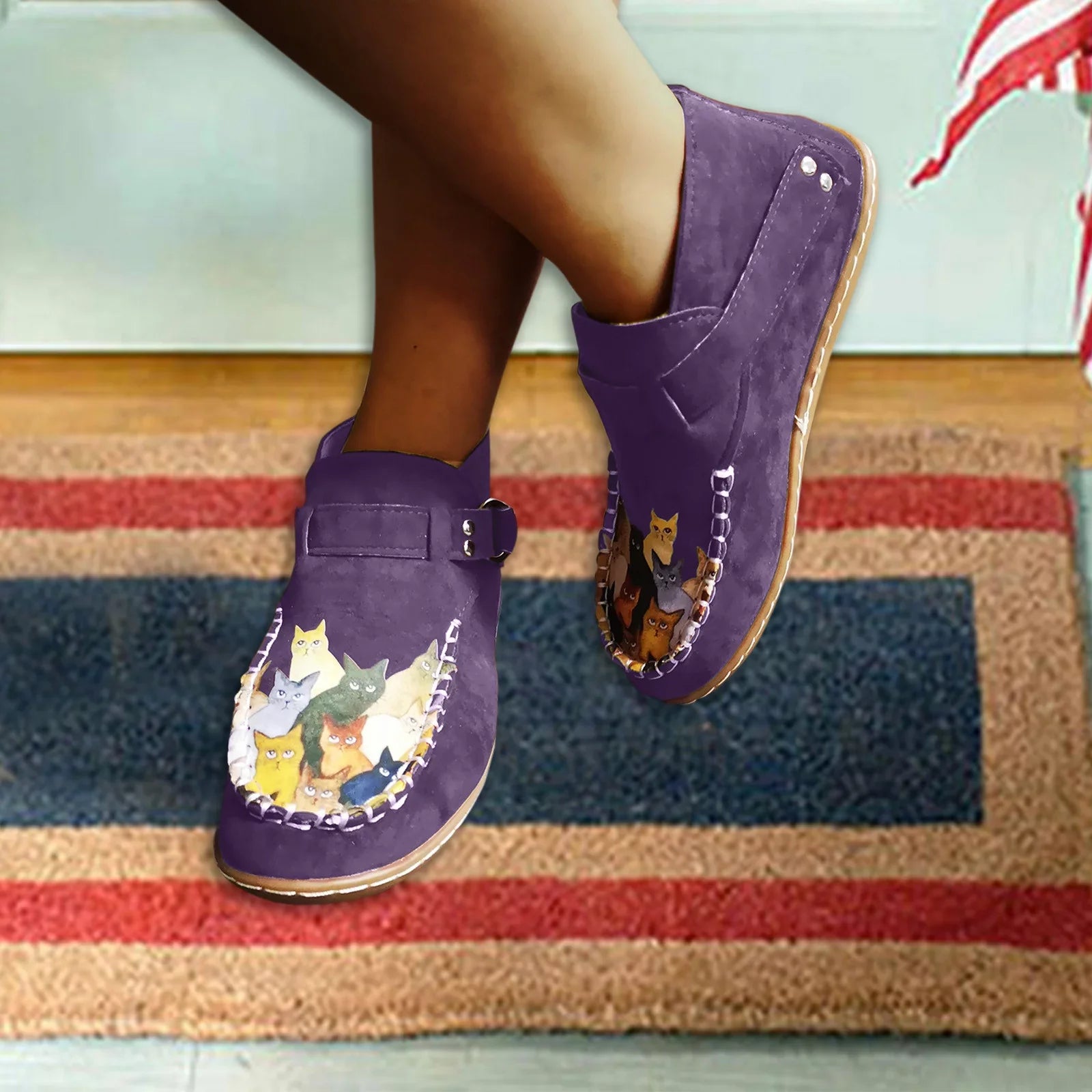 Printed Flat boots Cartoon women's Comfort Button Cat Leather Boots Female Casual Ankle
