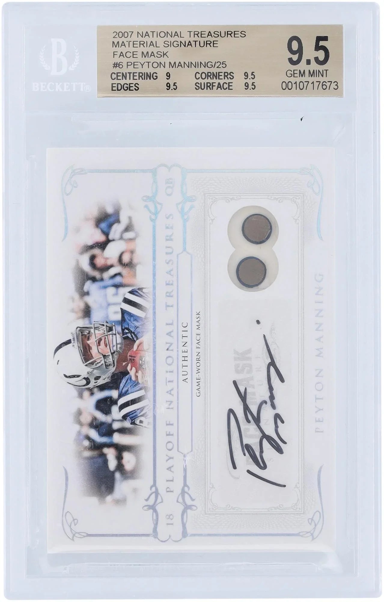 Certified #11/25 - Card Authenticated Fanatics Manning #6 Relic - 2007 Playoff BGS Subgrades Autographed Colts 9,9.5,9.5,9.5 Authentic Treasures Peyton National Indianapolis 9.5/10
