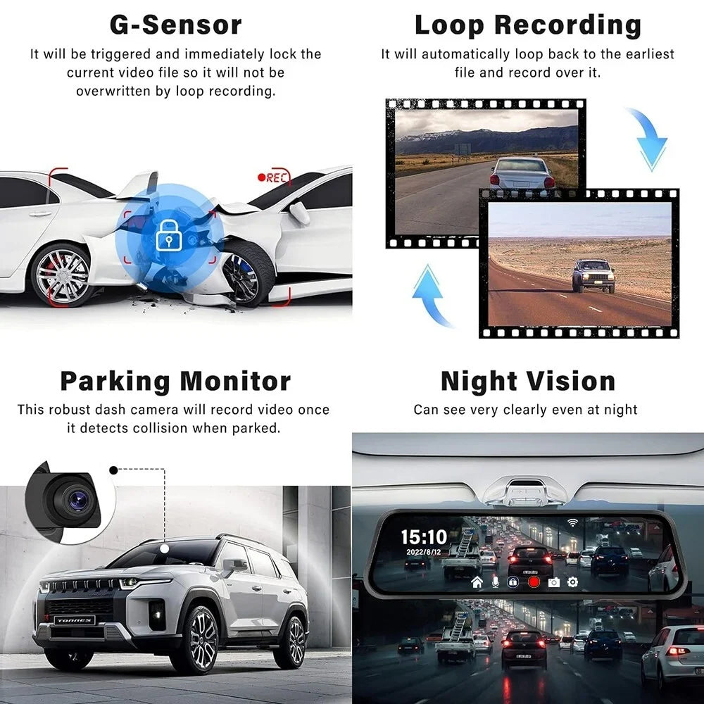 and Mirror Cam, Camera, 1440P Parking Vision, Free Night 2.5K Card View Dash WiFi, 10" 32GB Rear Mirror 1080P Camera Front Assistance, Rear with