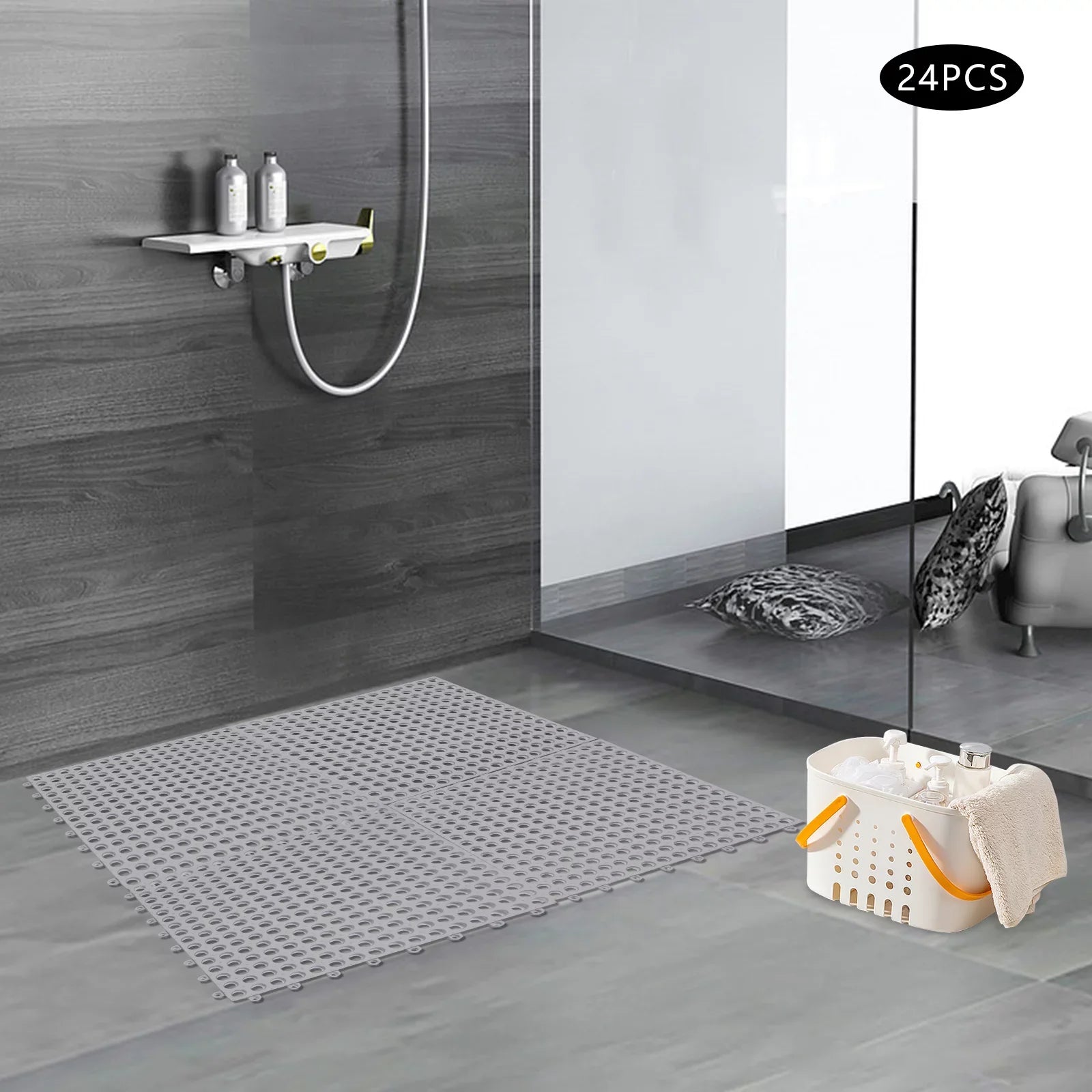 Interlocking Holes Floor Drainage 11.8*11.8" Shower PVC 24PCs with Nonslip Pool Mat,Soft Mat Bath Gray Kitchen, Bathroom, for