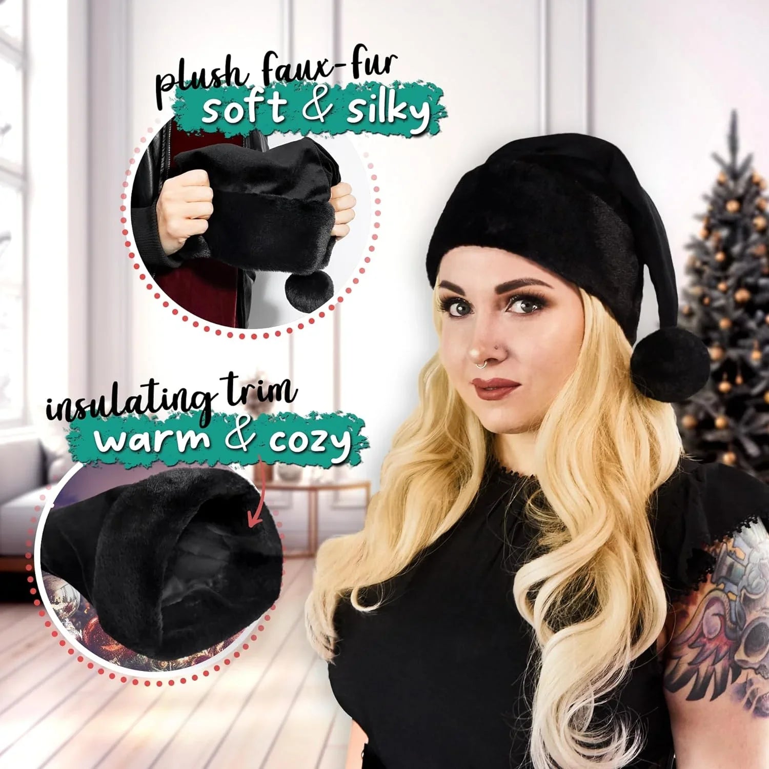 Size Santa Trim 1 - - Hat Adult, Xmas Accessory, Christmas Fur Black Black - Hat Gothic Goth Faux All