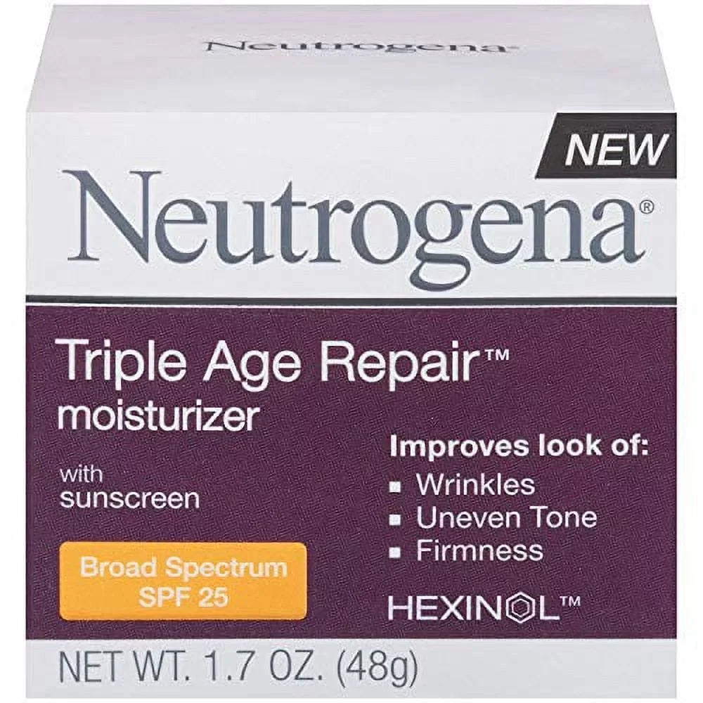 1.7 C Sunscreen, Age Facial Neutrogena Anti-Wrinkle Firms Skin Skin, 25 of help and SPF Wrinkles, Triple with Pack Moisturizer 2 oz Vitamin Smooth Repair Evens look Tone, Daily