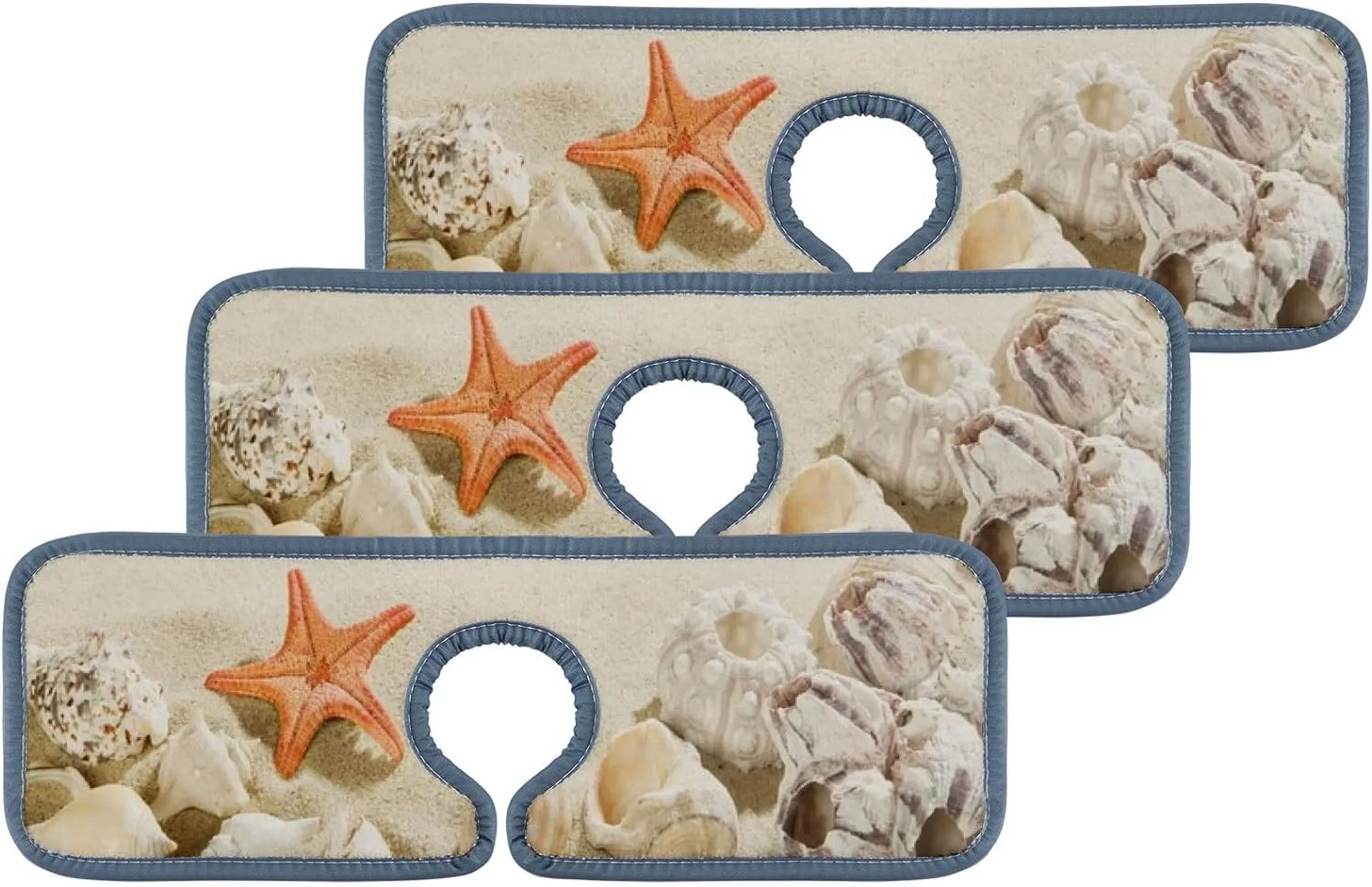 Summer Bath Sink Mat, Kitchen Drip Bestwell Washable Catcher, Sinkmat Mats Absorbent Drying Beach Microfiber Sea Starfishes Splash Guard Countertop 3PCS Faucet