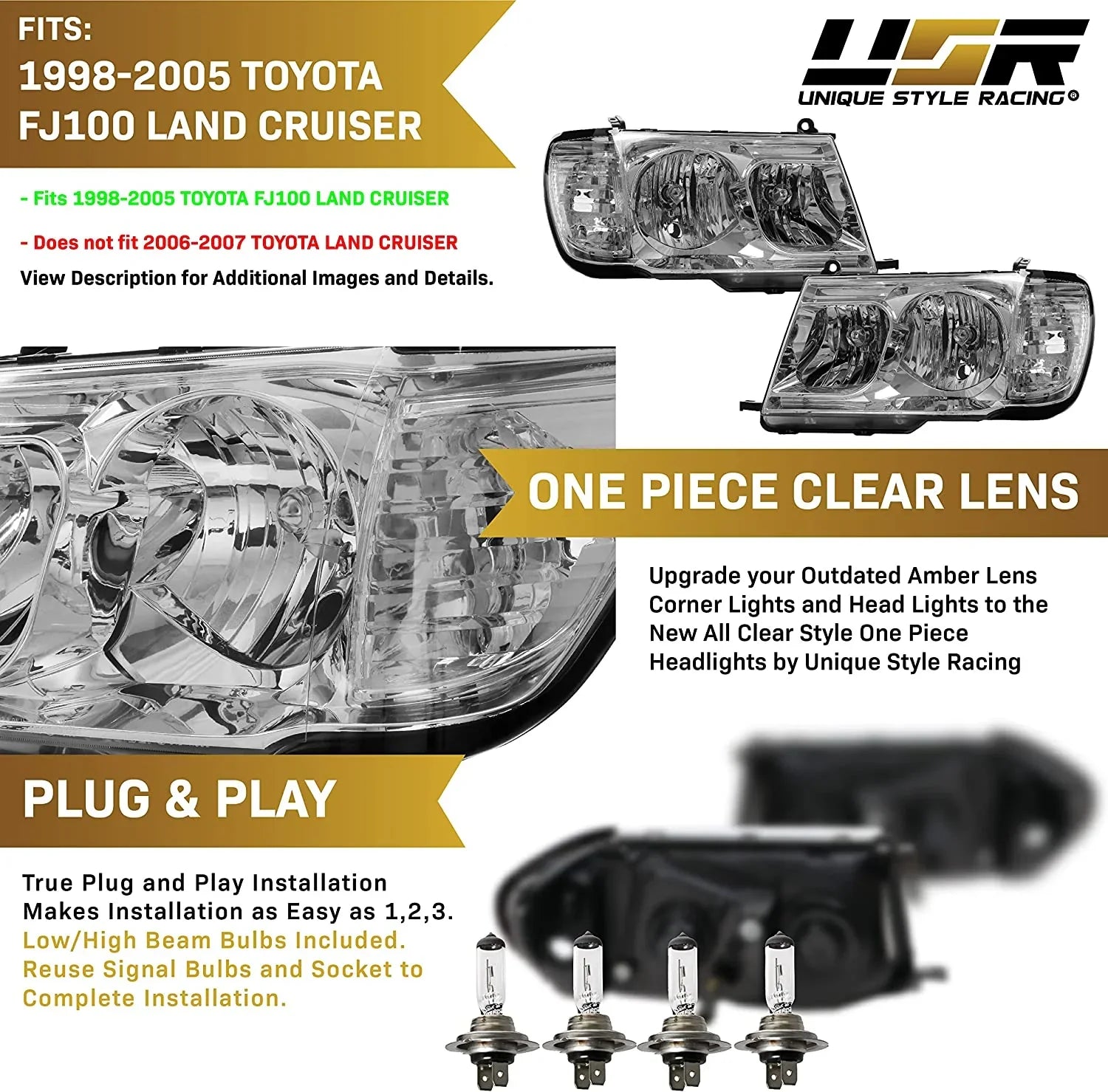 Right) - USR (Euro Toyota (Left Headlamps + FJ 100 with Land Design) ONE Piece FJ100 1998-2005 Set Compatible Headlights Cruiser DEPO Corner Style Clear with