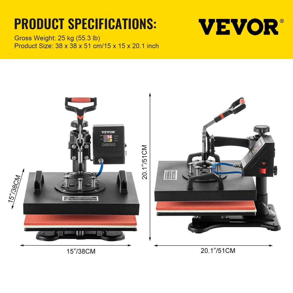 Machine 6 Heat 1 Shirts Hat Transfer Printing for Away T Rotation Display 360 Heat Dual in LED Mug Multifunctional Sublimation Cap Press Digital Combo Degree VEVORbrand 15"x15" Swing Machine Plate