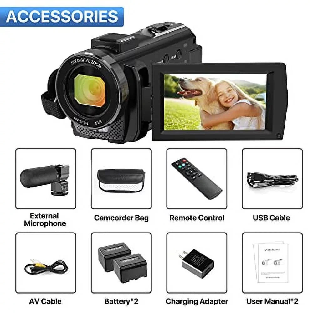 Camcorder Camcorder Microphone,Remote Camera Batteries Camera Vlogging Touch Night Video Recorder 26MP Digital 16X IR and with Zoom Vision 2 3.0'' FHD 30FPS Screen YouTube 1080P WiFi
