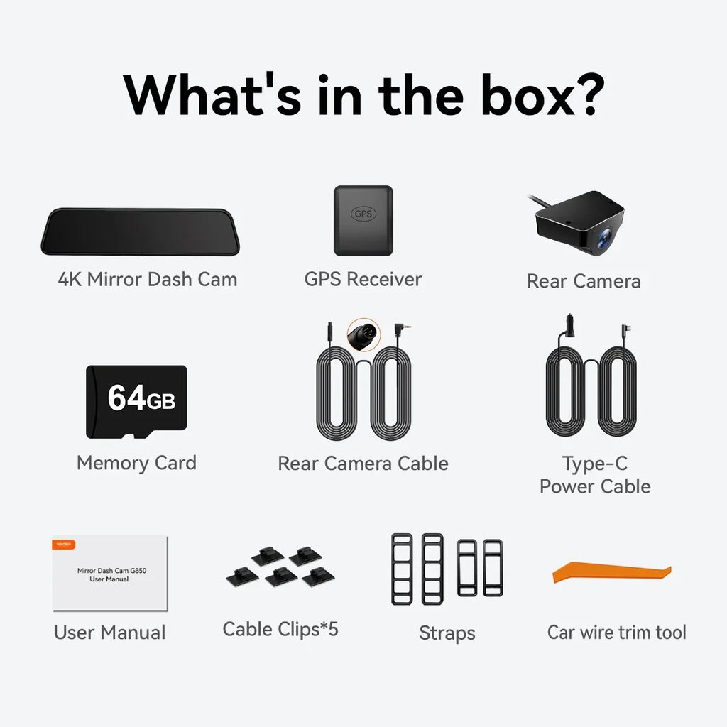 12'' Rear Front Car Rear Card Cam, and Cameras Mirror Dash Port WOLFBOX 64GB & Vehicle, 1080P 4K Vision, Night C USB Super Dash GPS, with View Free