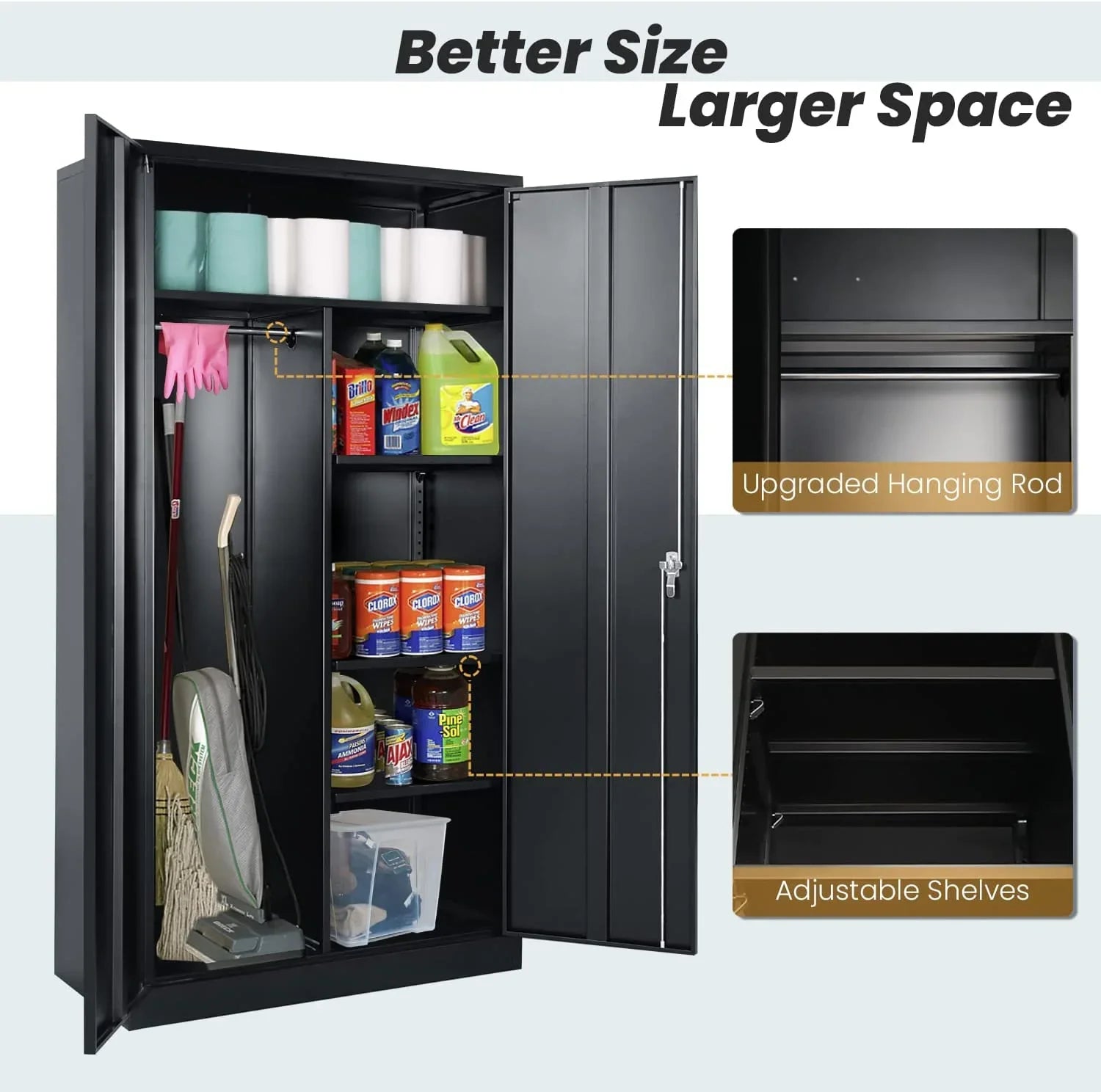 with Locking (Black) Freestanding Garage Lock Wardrobe HOOMHIBIU Coat Door 72'' Office with Shelves Metal Cabinets Employee Clothing and Cabinet for Steel Locker Home