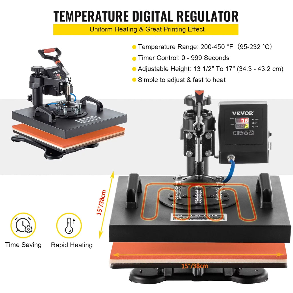 Machine 6 Heat 1 Shirts Hat Transfer Printing for Away T Rotation Display 360 Heat Dual in LED Mug Multifunctional Sublimation Cap Press Digital Combo Degree VEVORbrand 15"x15" Swing Machine Plate