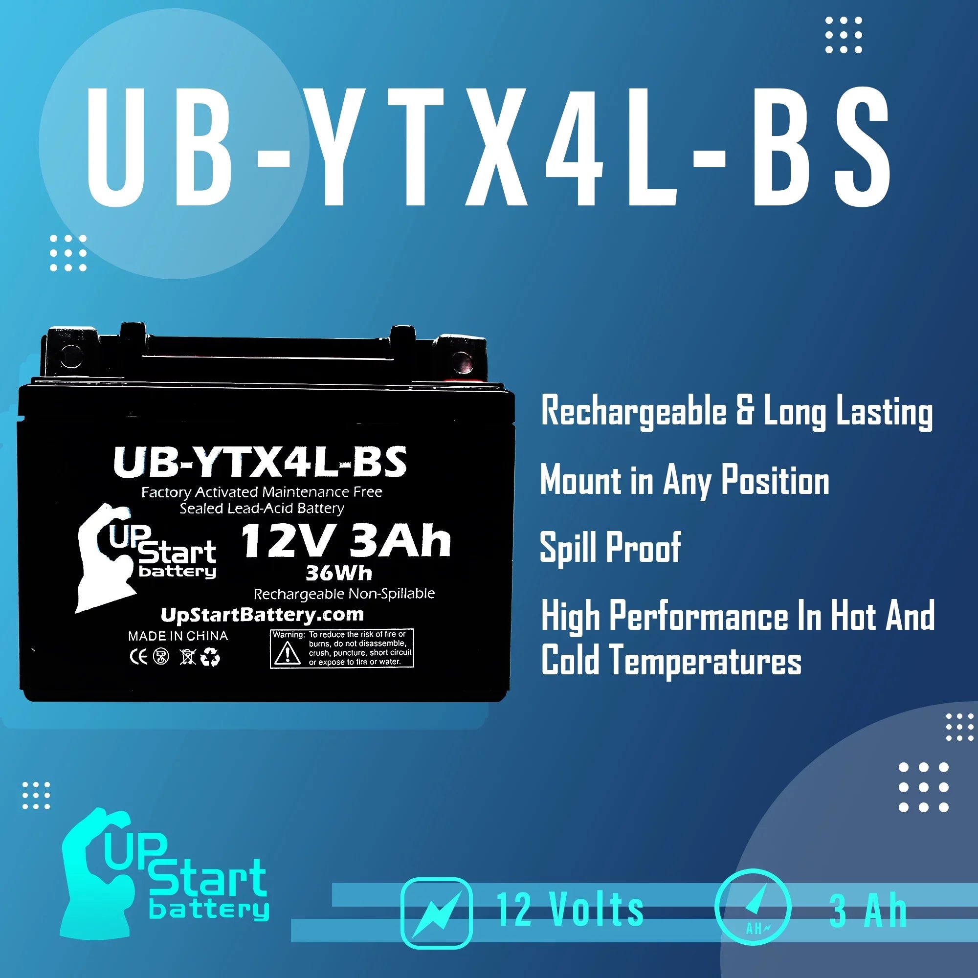 Bombardier Battery UB-YTX4L-BS 4-Pack - Maintenance Replacement Factory UpStart Free, for DS90, ATV DS90F, Quest 12V, (Can-Am) 2004 Activated, 90CC Battery 3Ah,