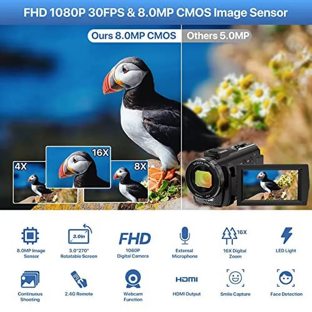 Camcorder Camcorder Microphone,Remote Camera Batteries Camera Vlogging Touch Night Video Recorder 26MP Digital 16X IR and with Zoom Vision 2 3.0'' FHD 30FPS Screen YouTube 1080P WiFi