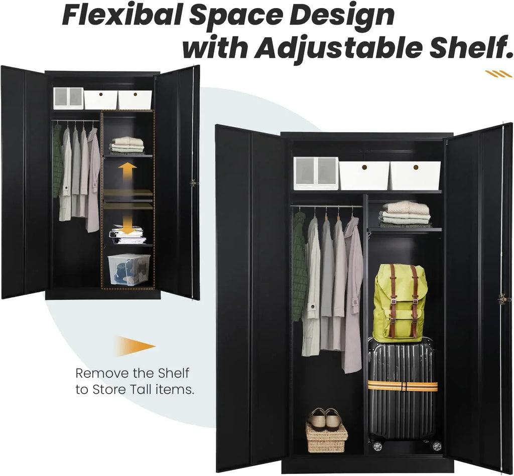 with Locking (Black) Freestanding Garage Lock Wardrobe HOOMHIBIU Coat Door 72'' Office with Shelves Metal Cabinets Employee Clothing and Cabinet for Steel Locker Home