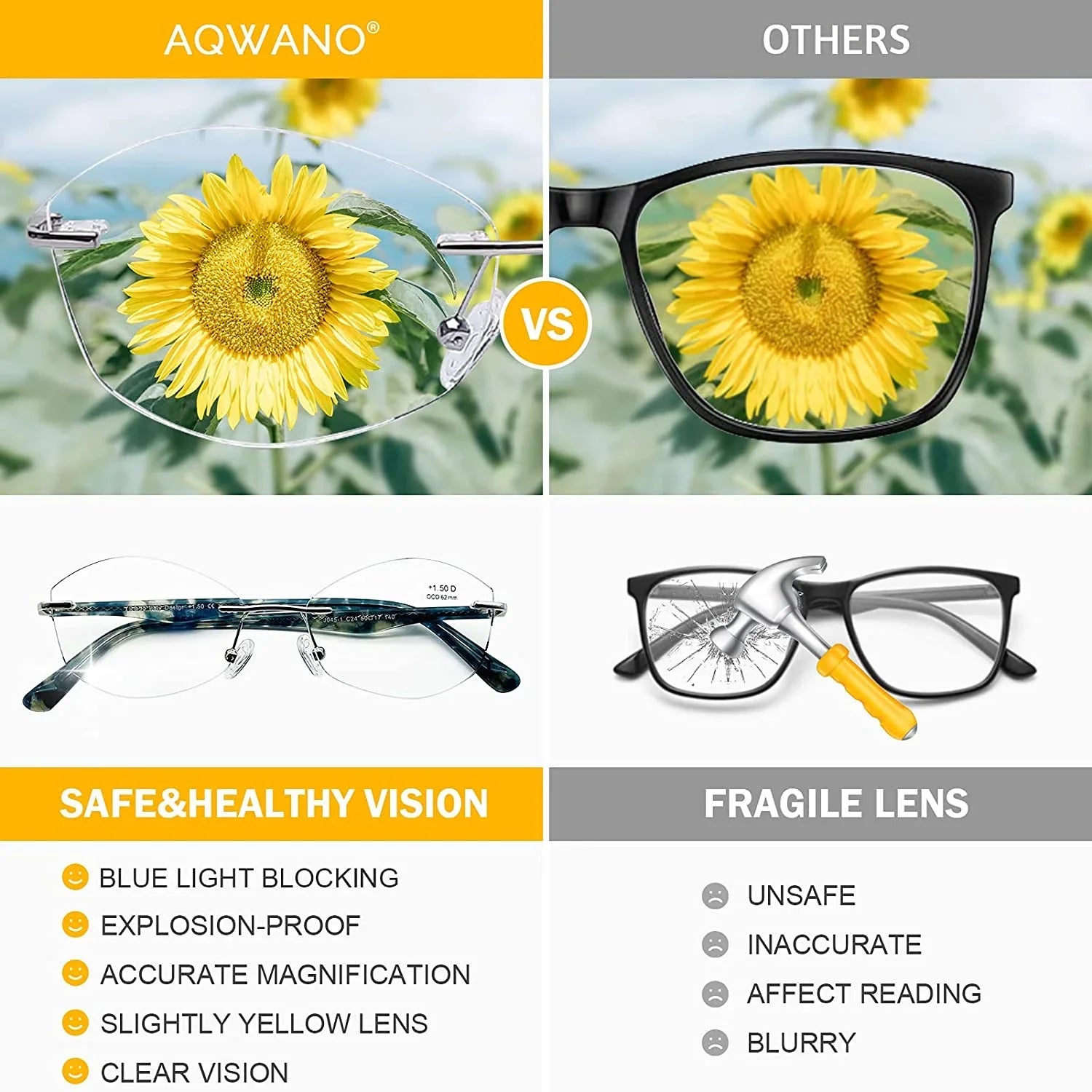Glasses Protect Fashion Light Women Computer Blocking Rimless Reading 2.5 Ladies Frame, UV400 Readers Blue AQWANO Designer Clear Lens
