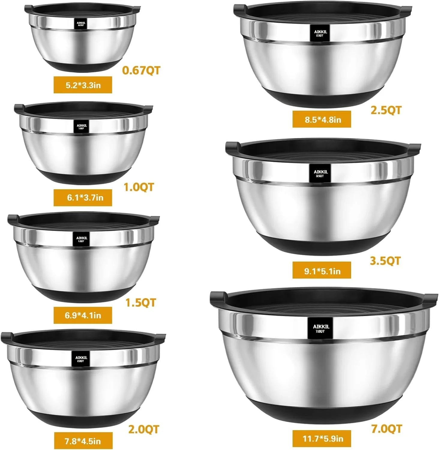 1,0.67QT Airtight Non-Slip AIKKIL 20 Metal Baking, Steel Stainless Silicone with Mixing, (Black) Bowls Lids, for 7, Mixing Bowls, Serving 3.5, Bottom, 2.0,1.5, piece Great 2.5, Size Nesting