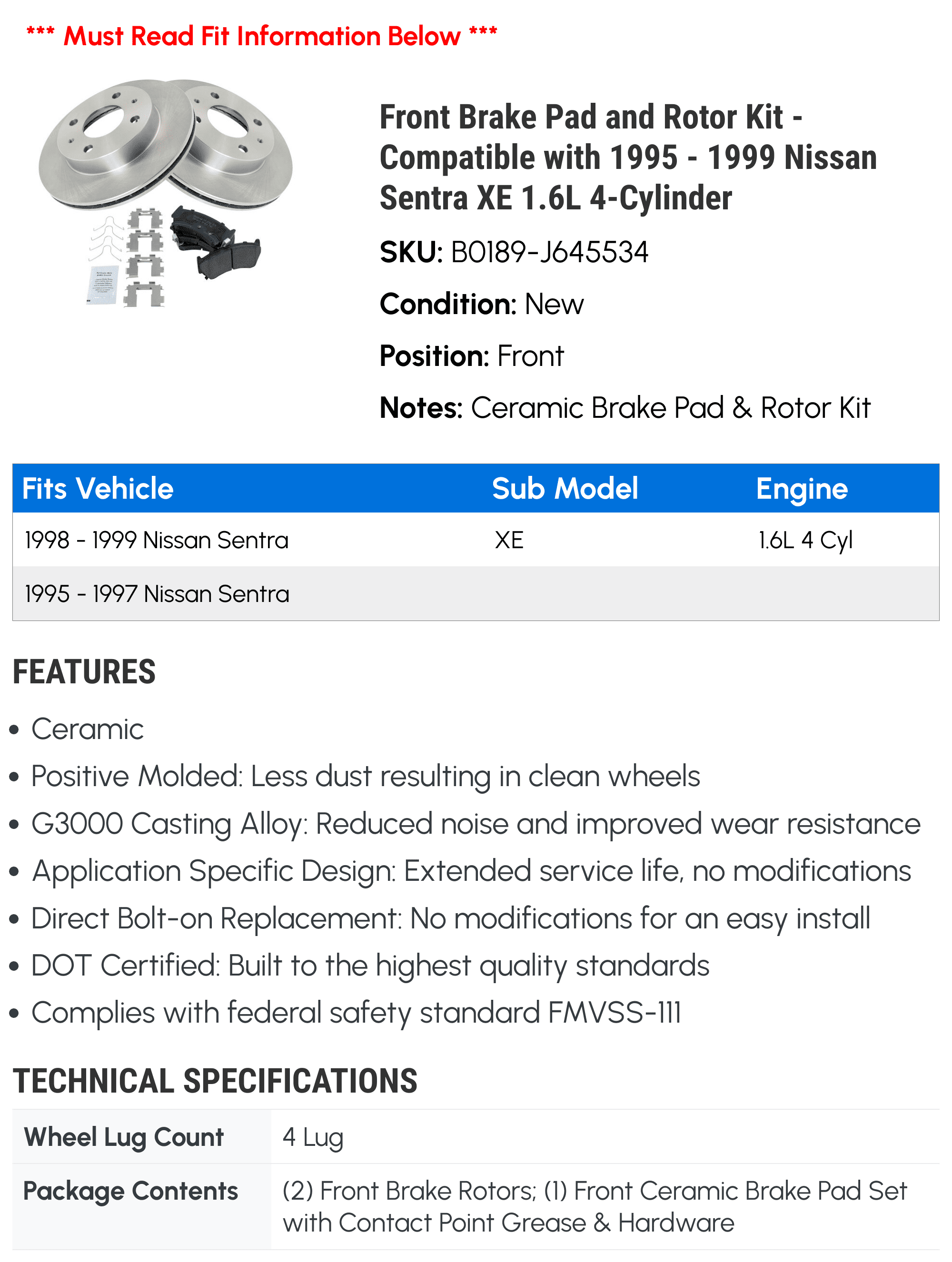 and Kit Pad Nissan - Brake 1.6L Rotor 1998 Sentra Front 1997 1999 4-Cylinder XE 1996 1995 with Compatible -