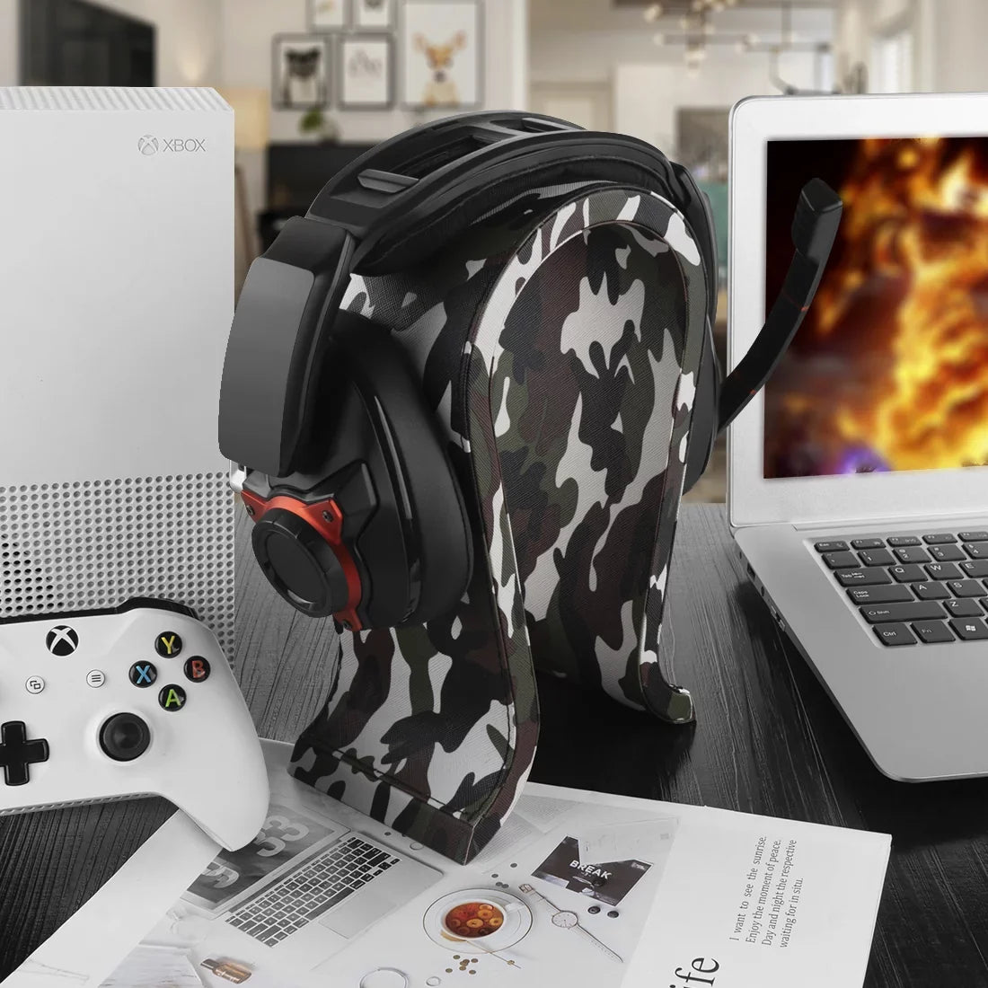 for Geekria Desk Wooden Over-Ear JBL, Compatible Sennheiser, Headphone Headphones, Razer, Beach, Hyperx, Stand, Display PS5 Vegan Stand Omega Turtle Sony (Camo) Hanger Leather Headset with Gaming