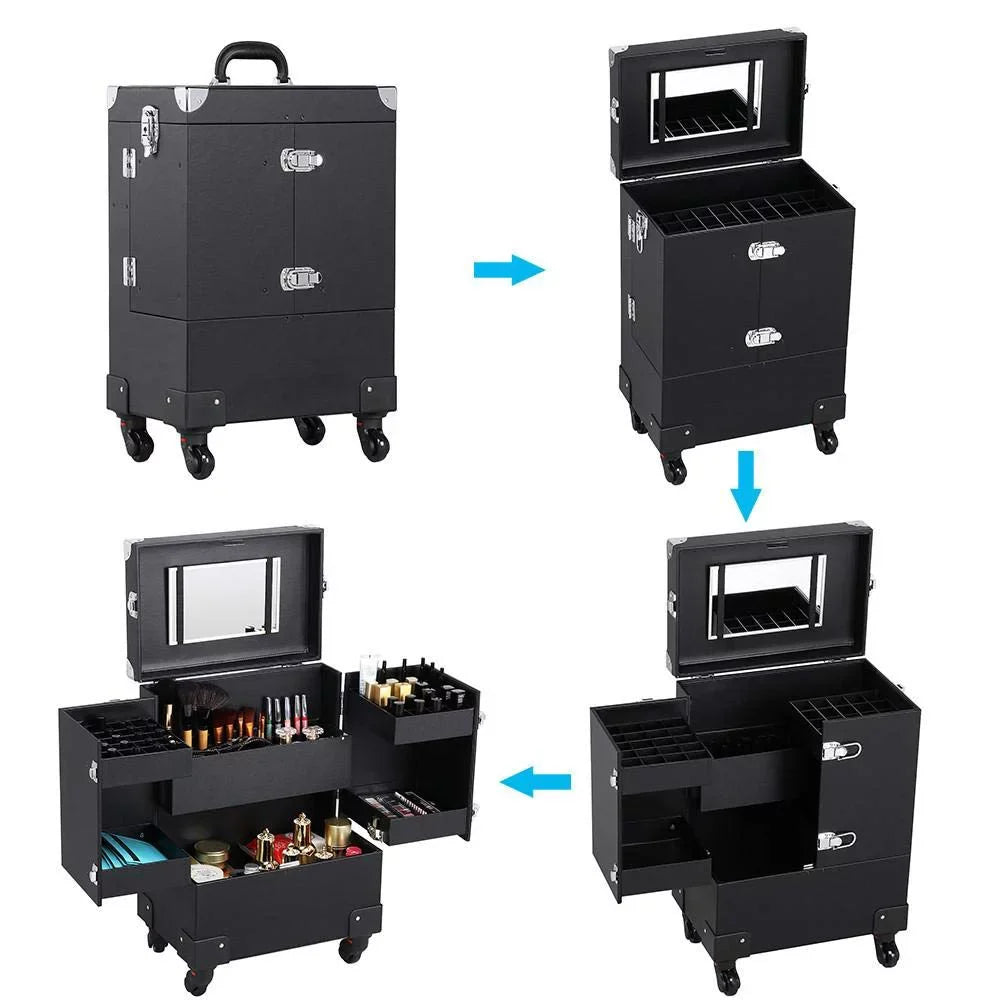 Case 4 Removable Black Rod Pull Travel Case, Luggage Spinner Trolley Makeup Wheels, Rolling with and Handle, Train Mirror Cosmetic